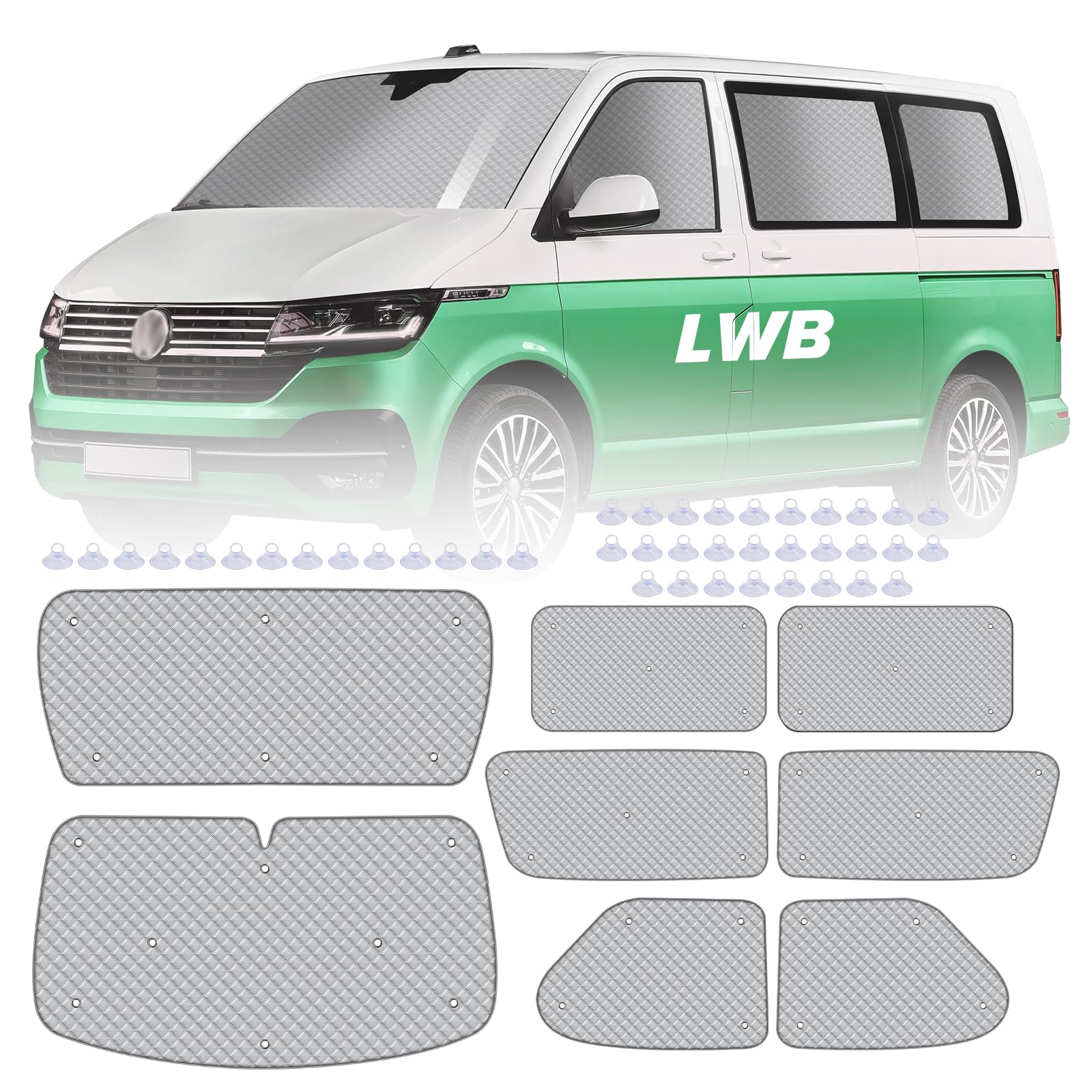 MaxAwe 8-teiliges internes Thermoschutzrollo-Set für VW T4 LWB, luxuriöses Sonnenschutz-Wrap-Abdeckungs-Kit, Windschutzscheiben-Frontabdeckung, sommerlicher UV-Sonnenschutz und Winterisolierung für VW
