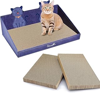 Cat Scratch Pad Corrugate Scratchers - Cute Cat Scratching, Cat Scratcher Reversible Corrugated Cardboard Both Side Can Use with 3Pcs Refills Replacement Denim Printing Scratch Box for Indoor Cats…