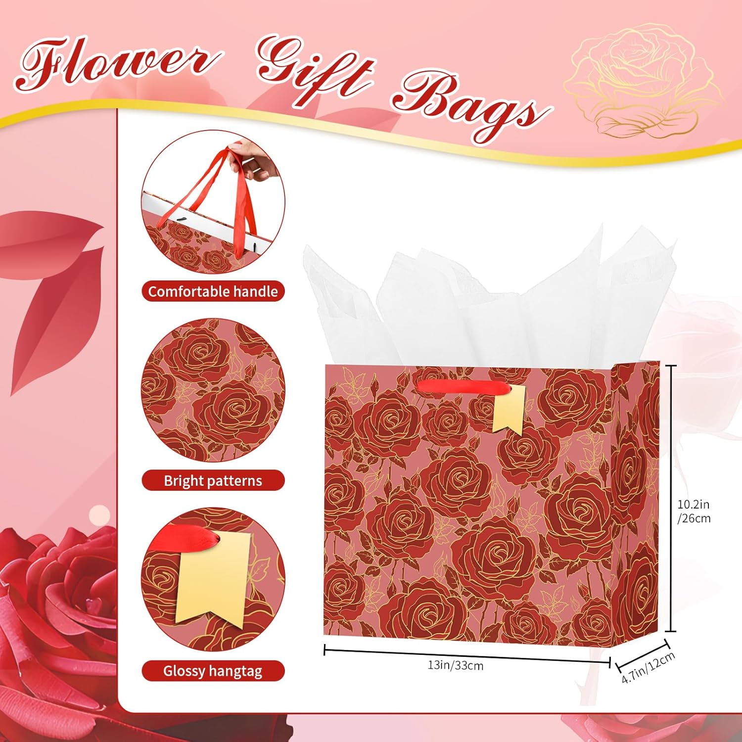 Bloomwords 13" Valentines Day Gift Bags with Card Tissue(Rose Flower) - Birthdays, Valentine’s, Weddings, Anniversaries, Kit includes Card and Tissue Paper (Red, 1 Piece) - Image 3