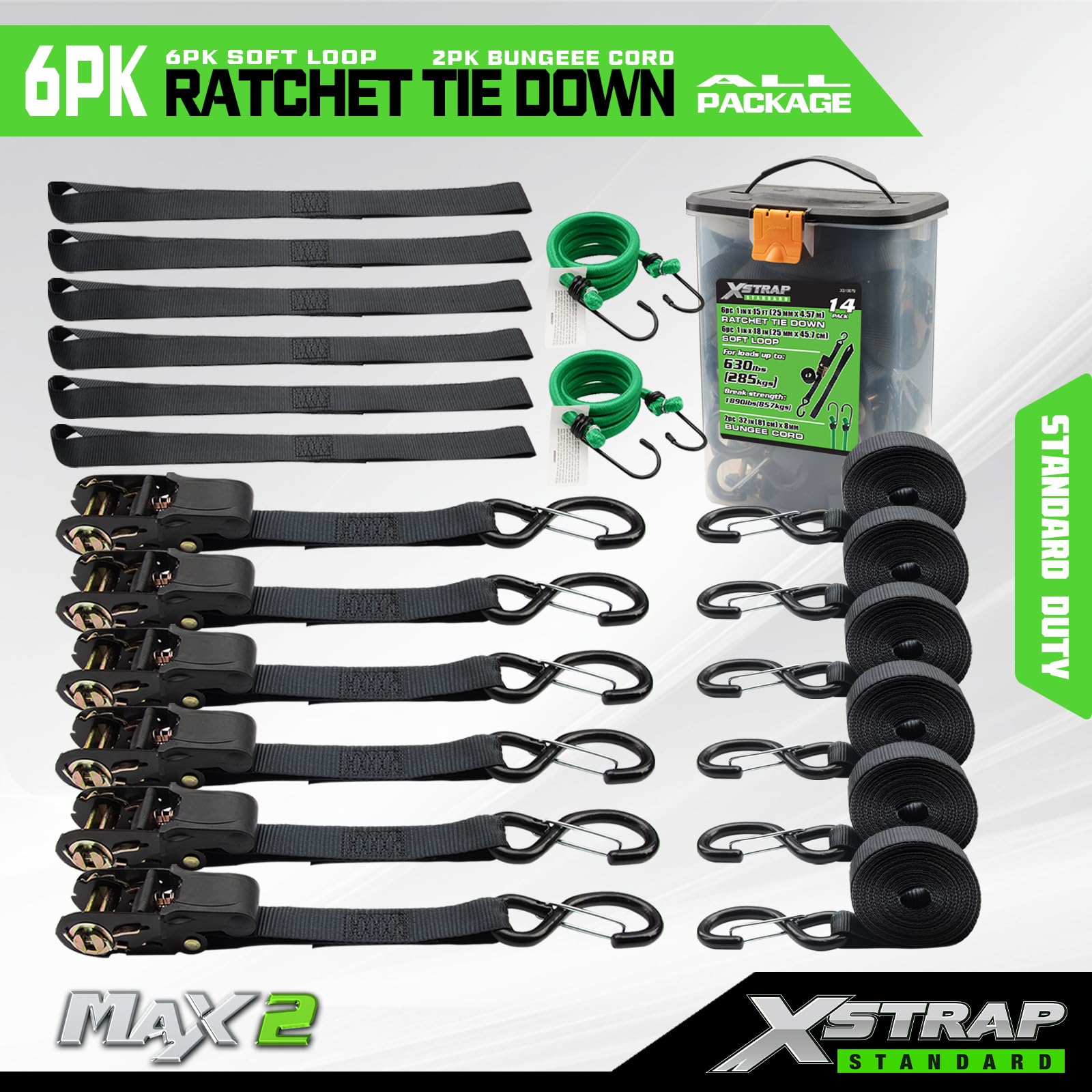 XSTRAP Standard Spanngurte mit Ratsche – 6 Stück, 2,5 cm x 4,8 m – 857 kg Bruchfestigkeit, Sicherheitsverriegelung, S-Haken, mit 6 weichen Schlaufen, 2 Bungee-Schnüre, logistische Cargogurte für