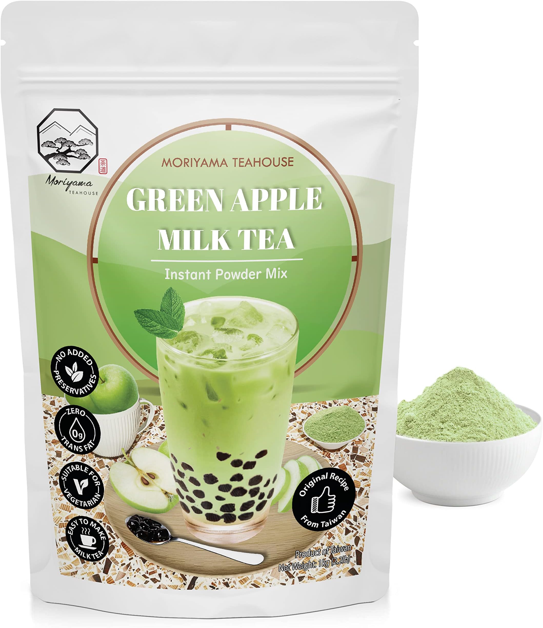 Green Apple Bubble Milk Tea Instant 3in1 Powder Mix - 1kg (33 Drinks) | For Boba Tea, Milkshake, Blended Frappe and Bakery | Authentic Taiwan Recipe | 0 Trans Fat No Preservatives by Moriyama Teahouse