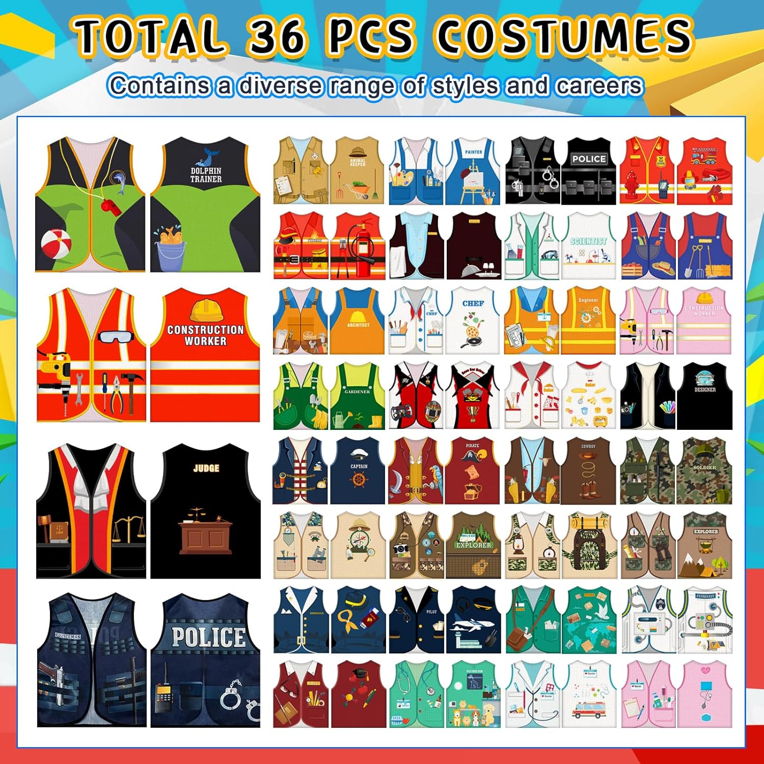 Cozypower 36 Pcs Kids Community Helper Dress Up Vest Career Costumes Toddler Girls Boys Career Day Costumes Cosplay for Pretend Play Doctor Police Fireman Car Racer Cowboy Farmers Worker