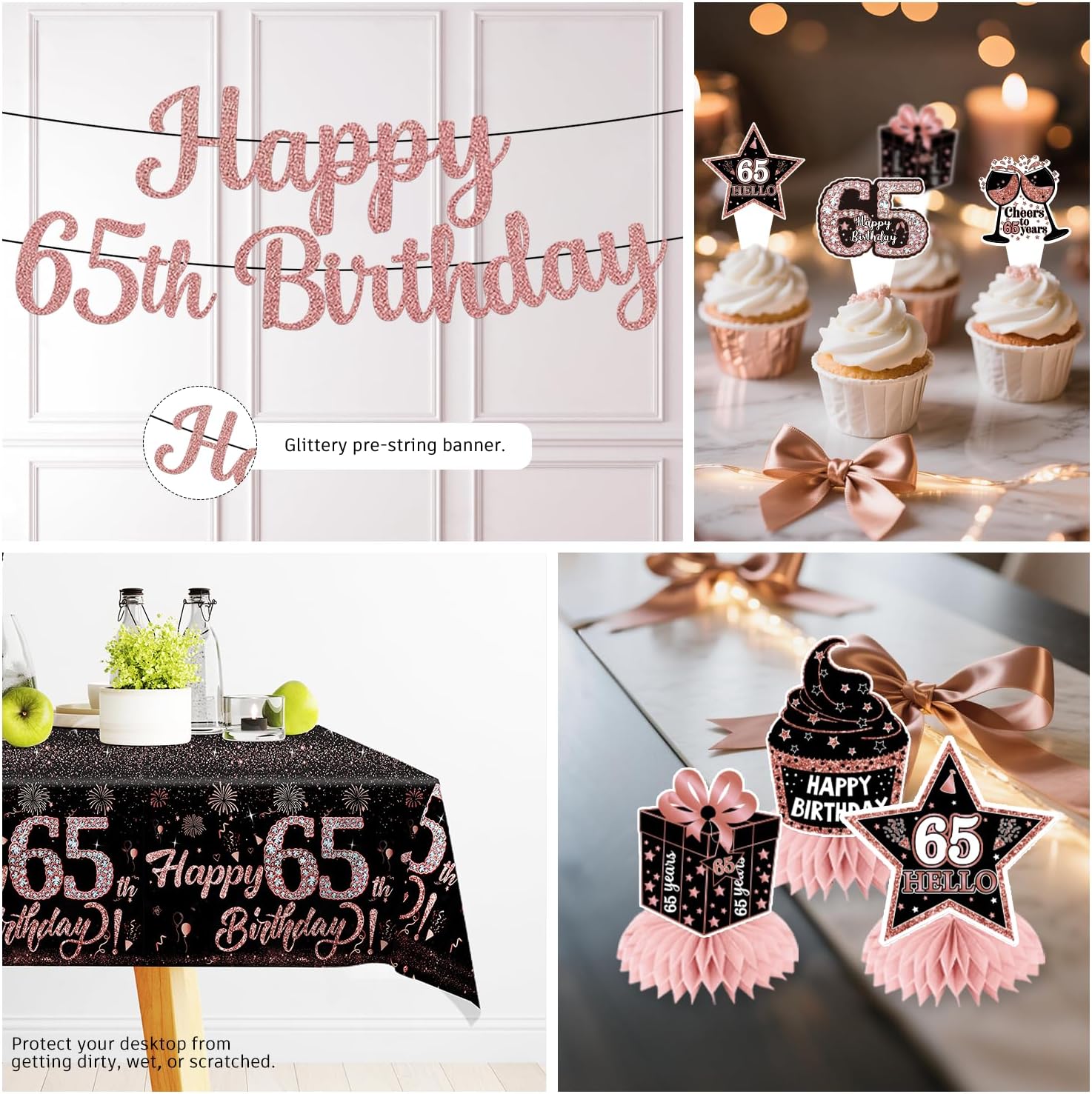 201pcs 65th Birthday Decorations for Women, 300gsm Thick Plates 2 Tablecloths Happy 65th Birthday Cake Topper and Banner Suitable for Parties and Gatherings, Serving 25 People