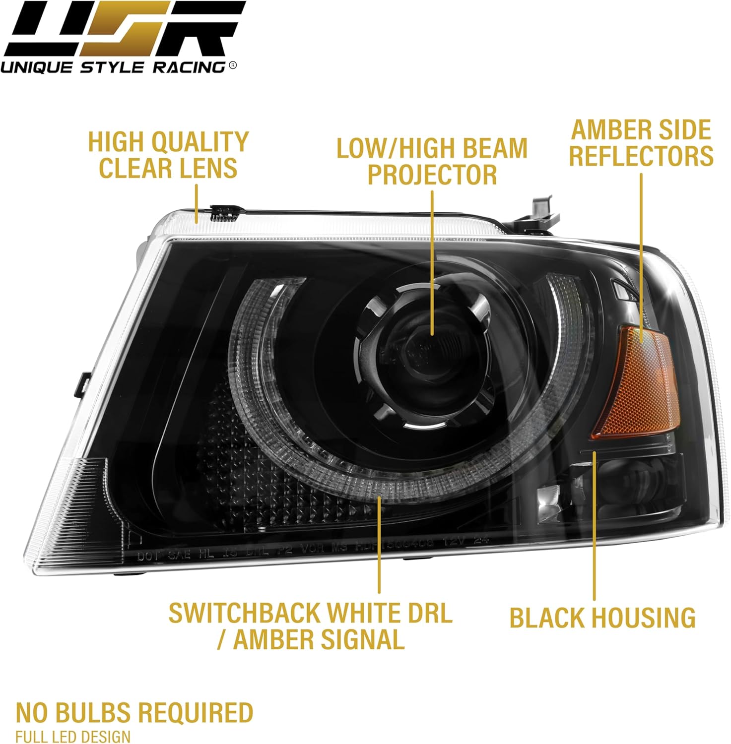 USR 04-08 P221 PickUp Front Head Lamps 2pc Set (Left + Right) Compatible with 2004-2008 Ford F150 Pick Up Truck (Black Projector FULL LED Headlight with U SHAPE Turn Signal and DRL/AMBER REFLECTOR)