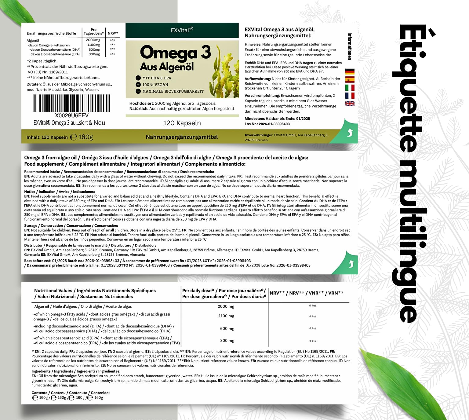 EXVital® Oméga 3 à base d'huile d'algues, végétalien, 120 gélules, 2000 mg, 600 mg de DHA et 300 mg d'EPA par jour, issu d'algues durables, hautement dosé et testé en laboratoire