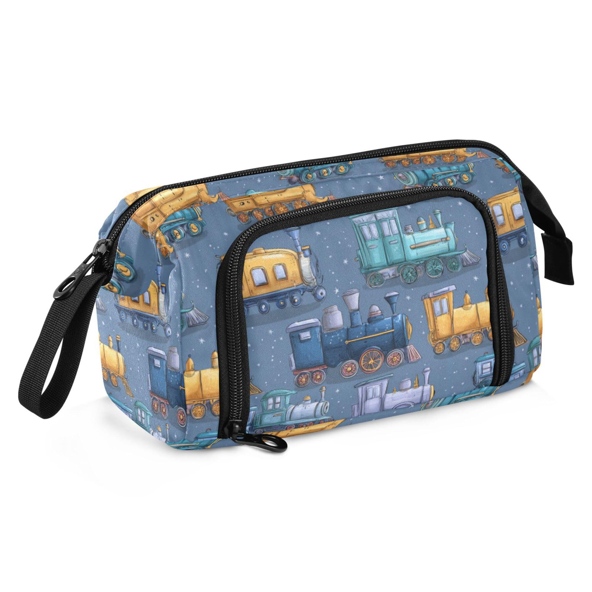 Fisyme Steam Trains Blue Pencil Case Large Capacity Pen Bags Box Big Makeup Pouch Organizer