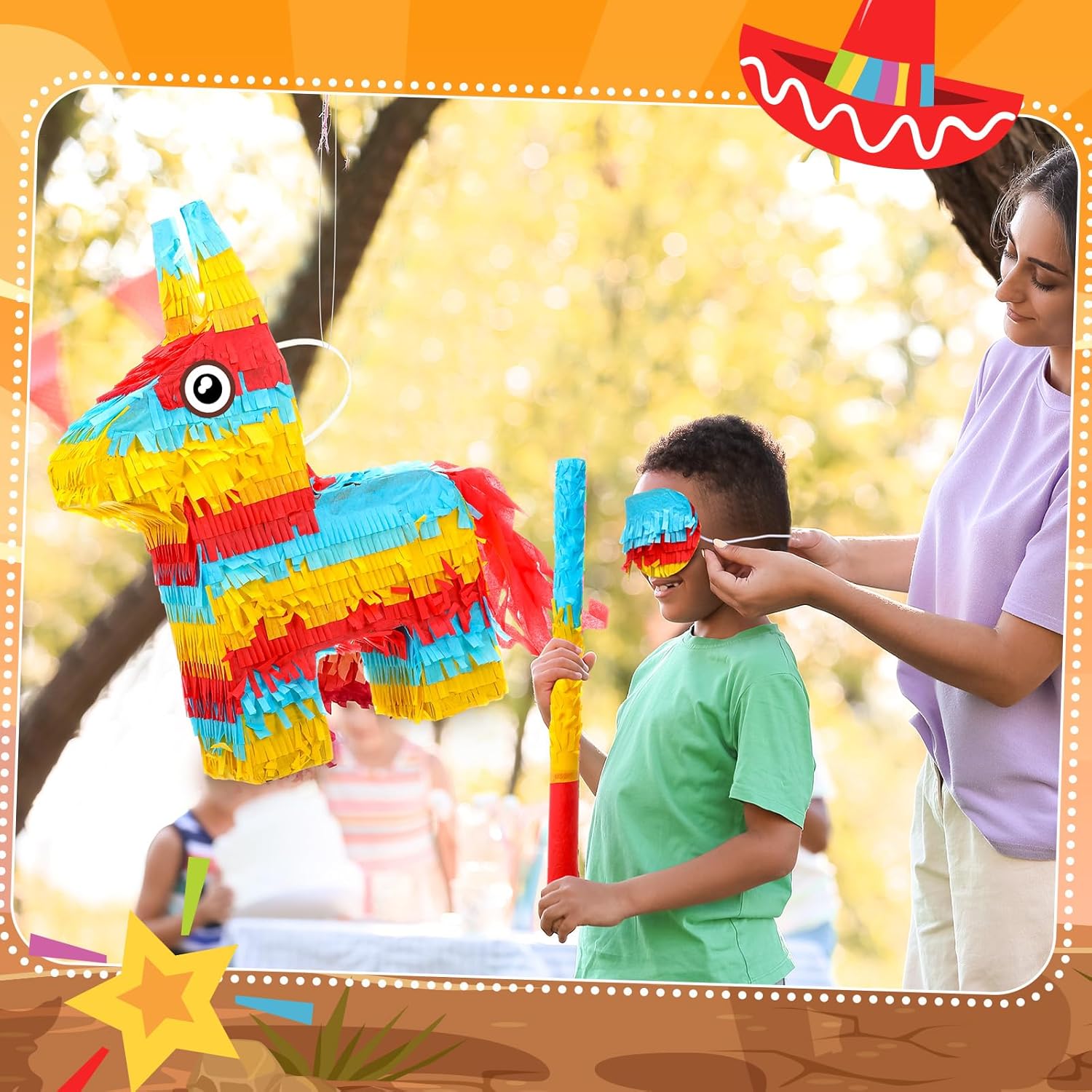 Lenwen Donkey Piata 16 x 10 x 3 Inch Bundle With Stick, Blindfold and Confetti for Mexican Fiesta, Kids Birthday, Cinco De Mayo Party Favors Decor - Rainbow Design