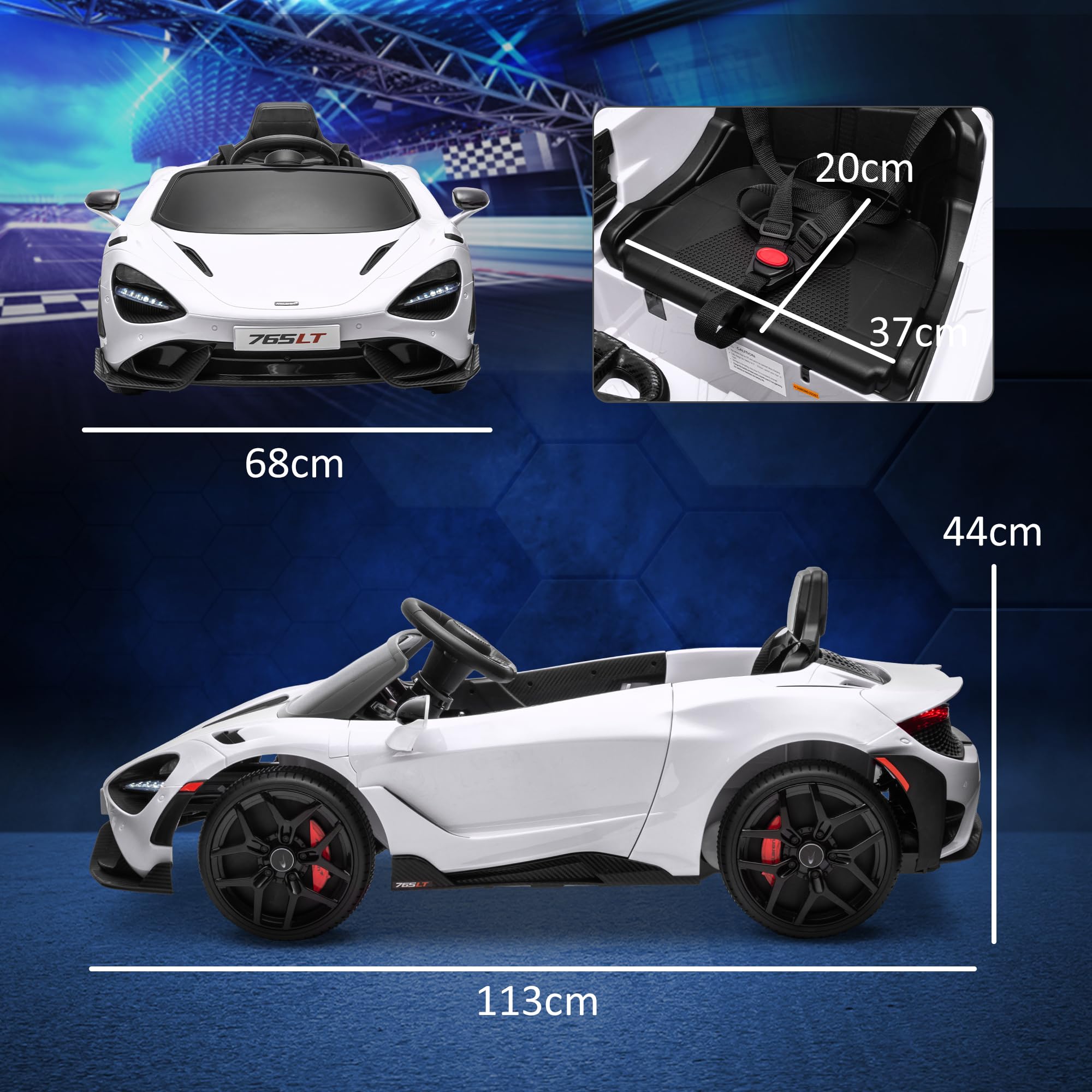 AIYAPLAY McLaren 765LT dziecięcy samochód elektryczny 12 V, pilot zdalnego sterowania 2,4 G, muzyka MP3, pojazd elektryczny z klaksonem, światłem, drzwiami skrzydłowymi, łagodnym rozruchem, 3-5 km/h