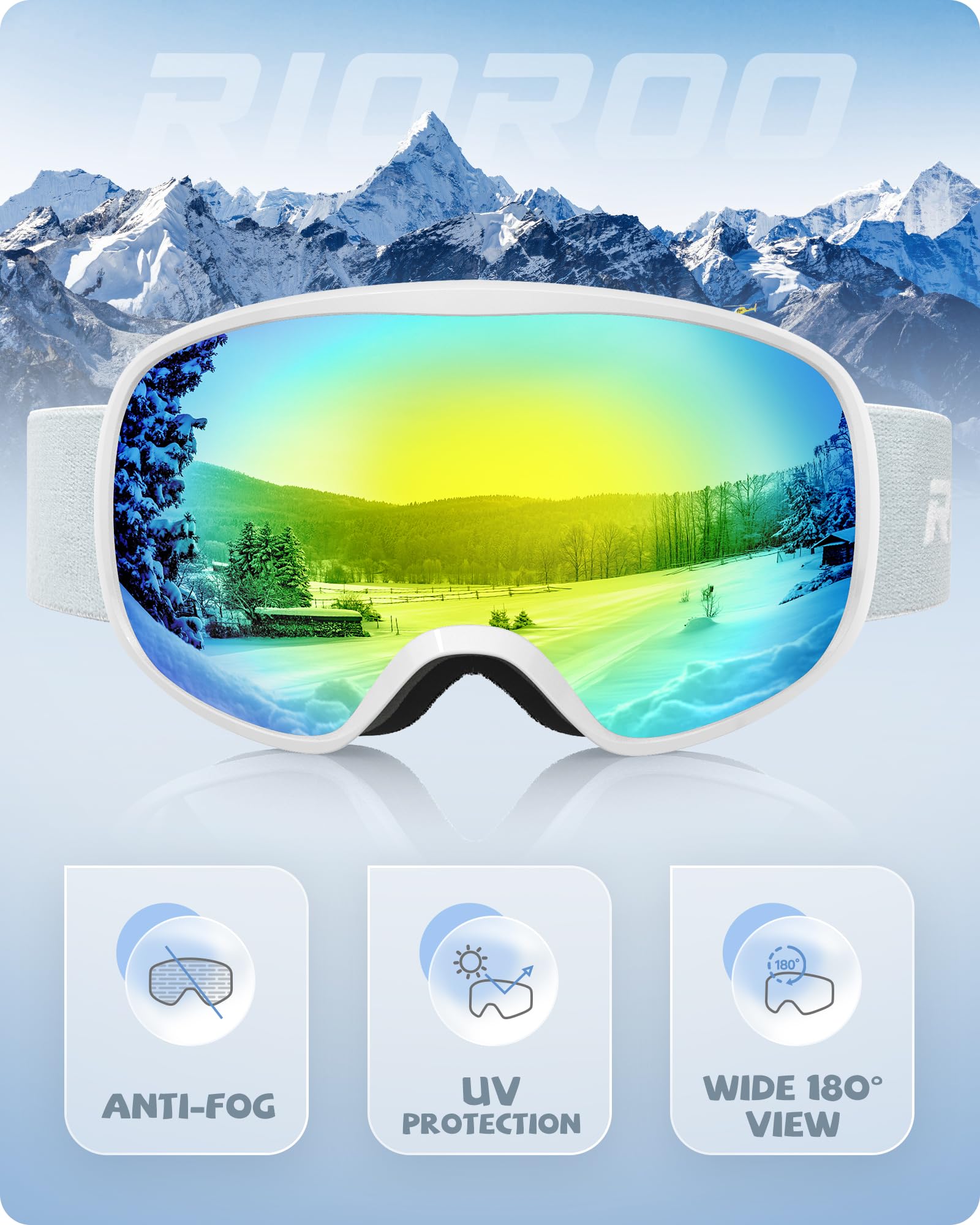 RIOROO Maschera da Sci Bambino 3~14 Anni Occhiali da Sci Maschera Sci Bambino Occhiali Sci 100% Anti UV Anti Nebbia anti-vento antipolvere, OTG per Ragazzo Ragazza Sci Snowboard Sport Invernali