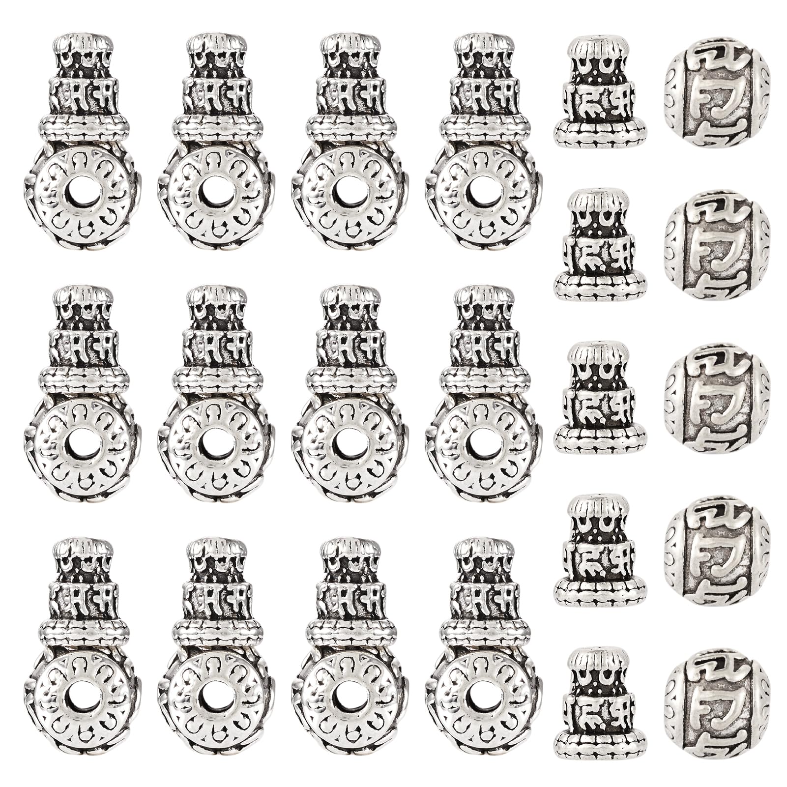 Craftdady 10Sets Tibentan Guru Beads 3-Hole T-Drilled Beads Antique Silver For Rosary Necklace Prayer Bracelet Buddhist