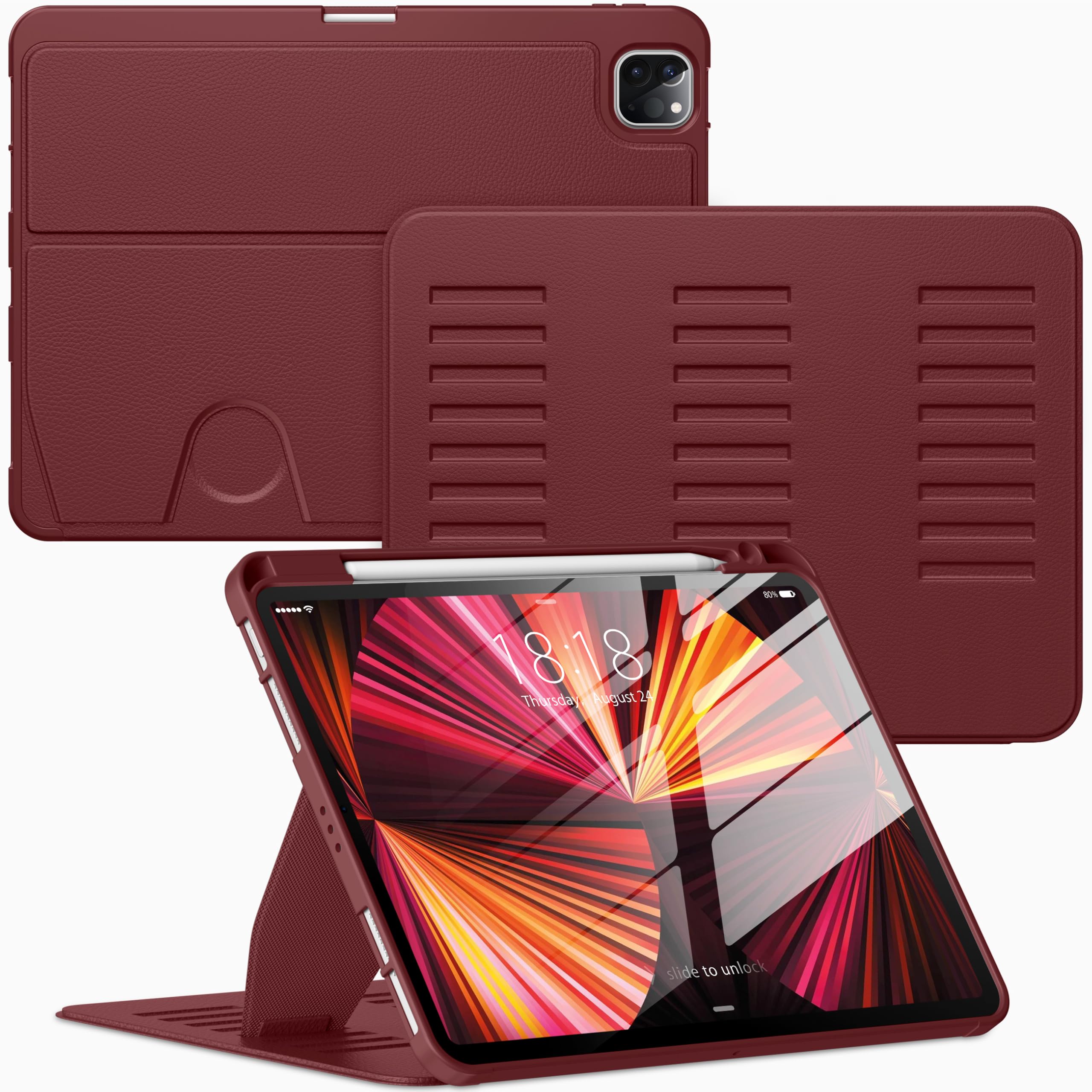VIKESI Case for iPad Pro 11 Inch 4th / 3rd / 2nd / 1st Generation 2022/2021/2020/2018,Multiple Angles Stand Cover,Soft Back,Pencil Holder,and Auto Sleep/Wake,Wine