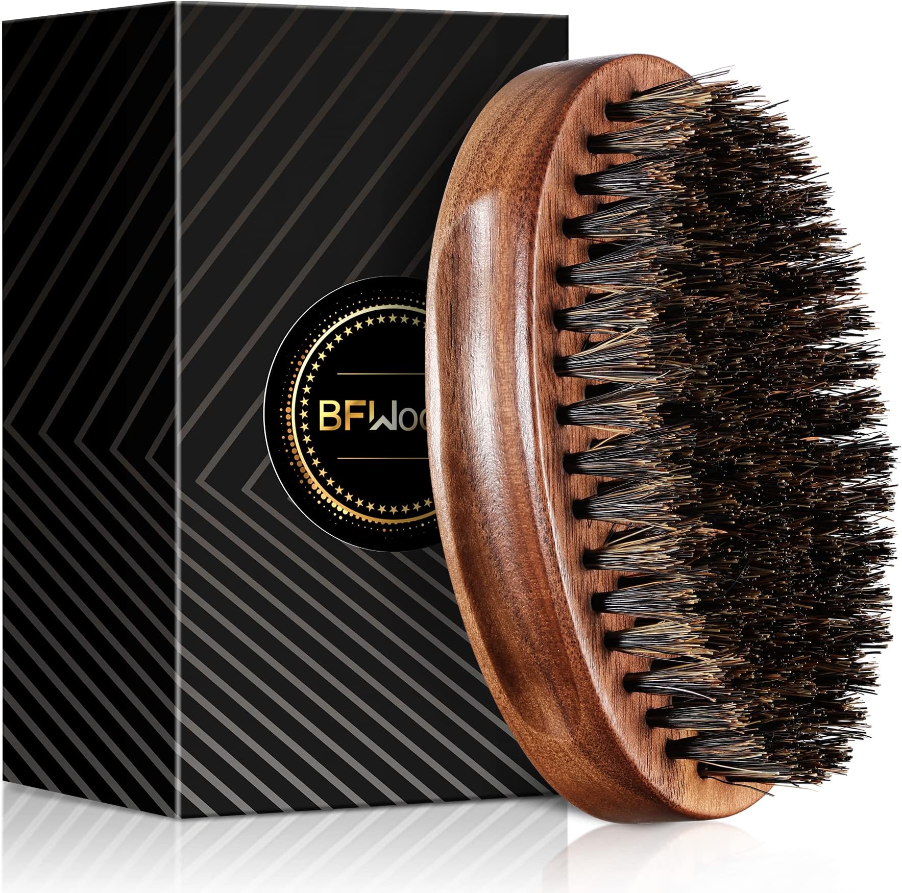 Boar Bristle Beard Brush, Black Wood Walnut Military Style, Men's Wooden Mustache Brush
