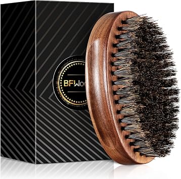 BFWood Boar Bristle Beard Brush, Black Wood Walnut Military Style, Men's Wooden Mustache Brush