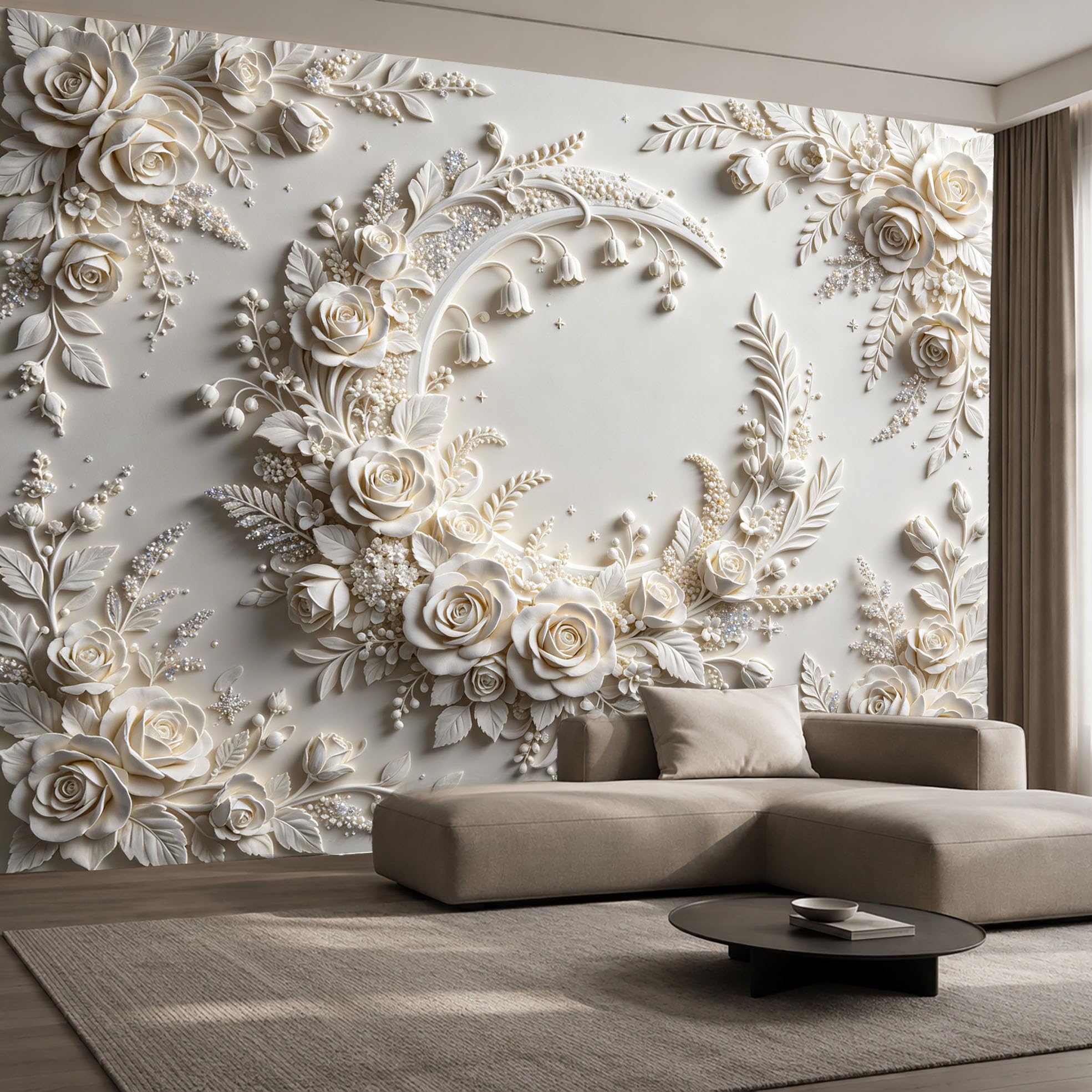 3D Relief Wandbild „Halbmondrose“ 350 x 256 cm Vliestapete mit Blumenmuster, cremefarben, romantisches Blumenpanorama, Fototapete für Schlafzimmer, Wohnzimmer, Wanddekoration, Halbmondrose, 350 x 256