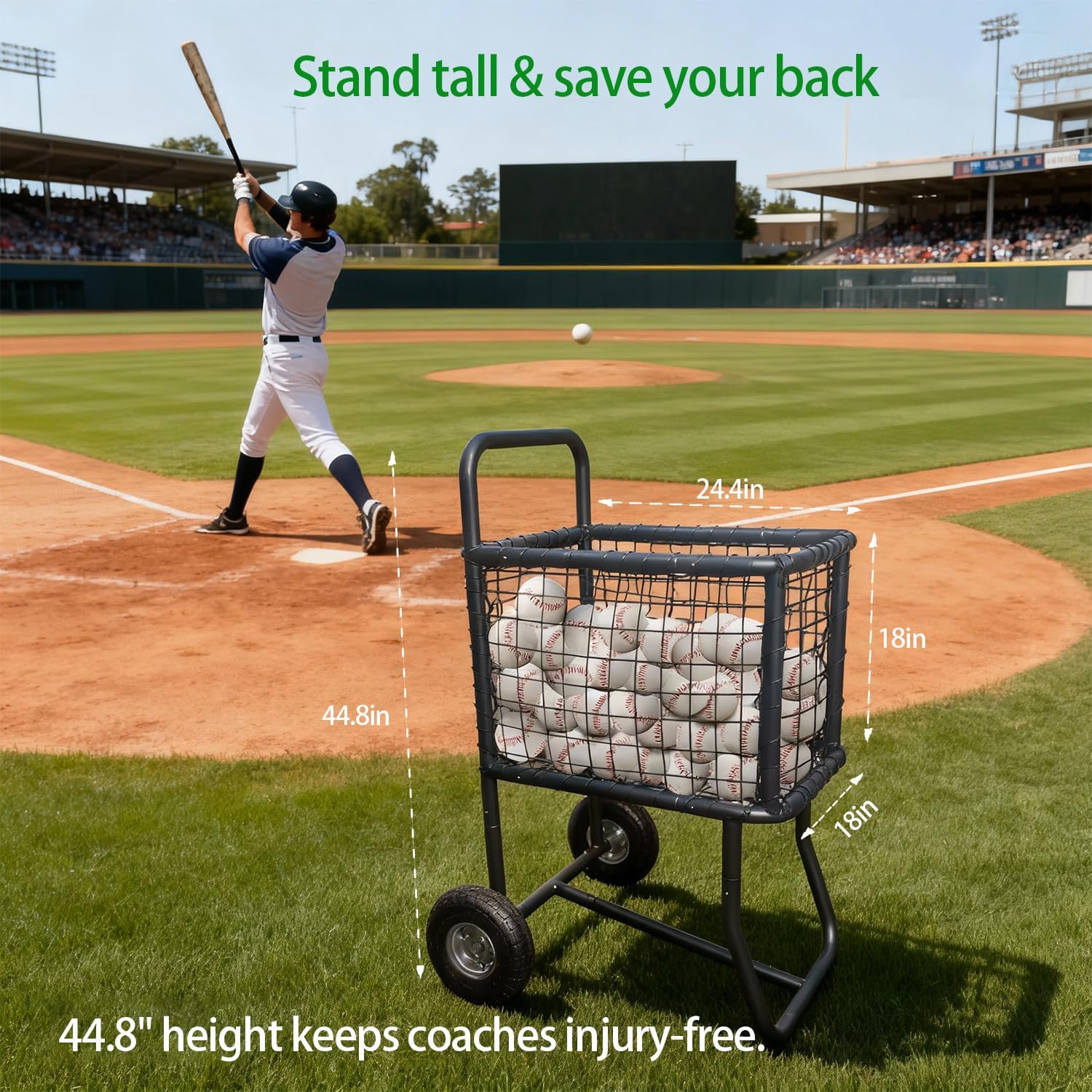 Baseball Carry Cart with Wheels - Holds 300+ Baseballs or 150 Softballs Large Softball Caddy Ball Holder, 10" All-Terrain Tires for Field & Gym