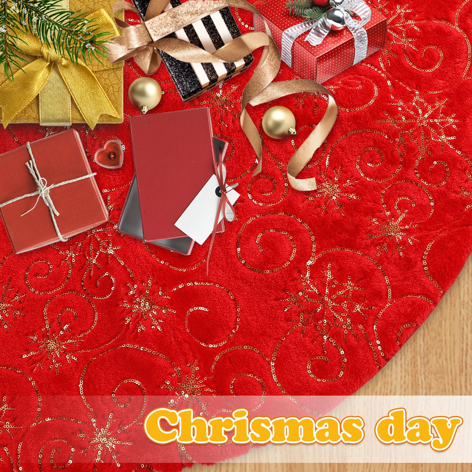 CITÉTOILE Falda de árbol de Navidad de Piel Sintética con Dorado Lentejuelas de Copo de Nieve, Falda Redonda árbol Navidad, Alfombra para Decoración Navideña, Rojo, S