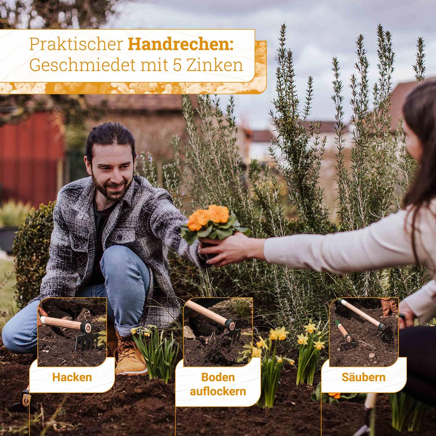 ADLER Mary Handrechen Gartenrechen Eschenstiel Hochbeet Grün 45 cm | Geschmiedeter C45-Kopf mit fünf Zähnen zum Harken und Auflockern Made in Germany