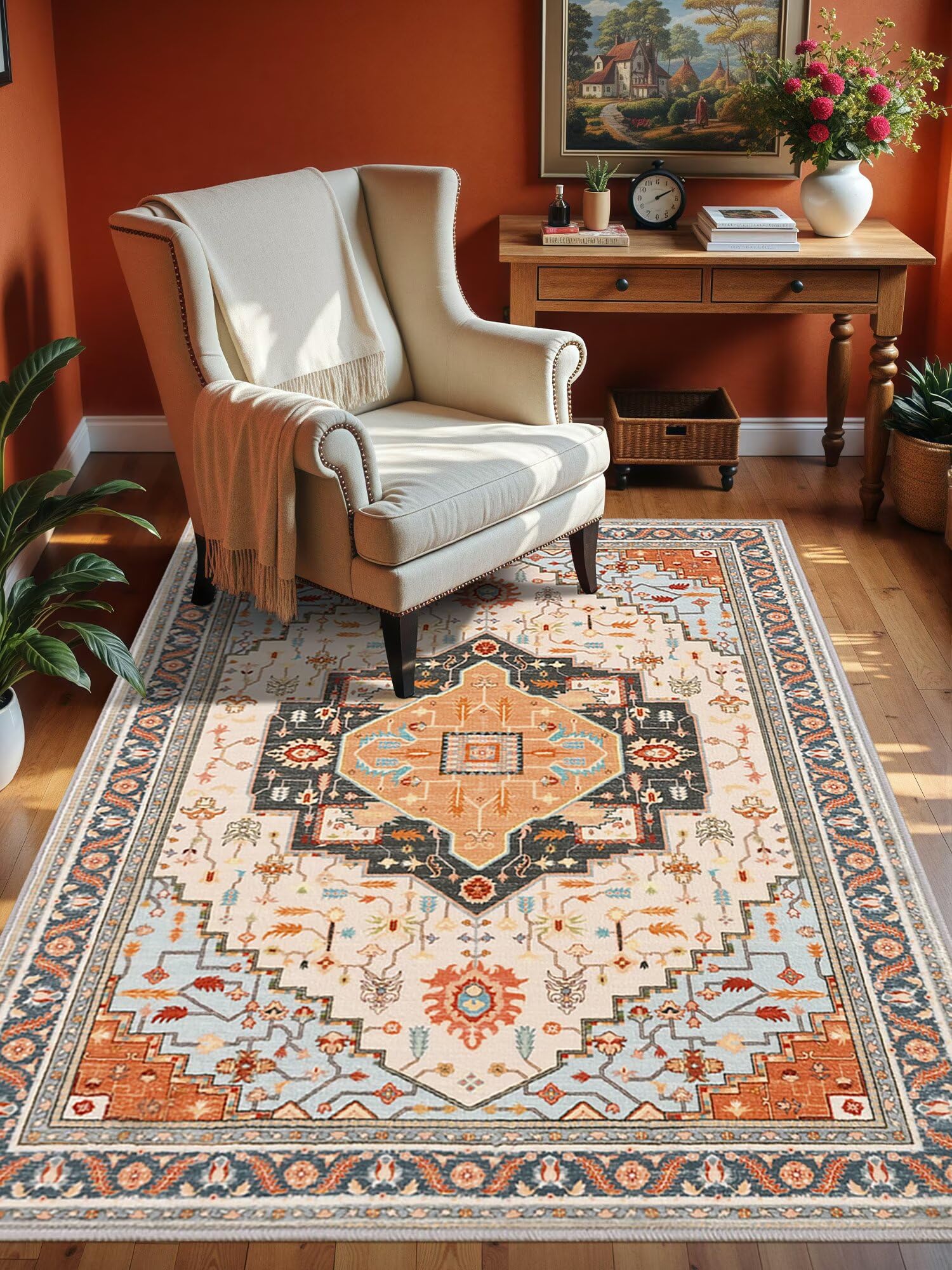 Macgace 4x6 Orange Beige Area Rug for Living Room, Machine Washable Rugs with Non-Slip Backing for Bedroom, Vintage Medallion Carpet Kitchen Laundry