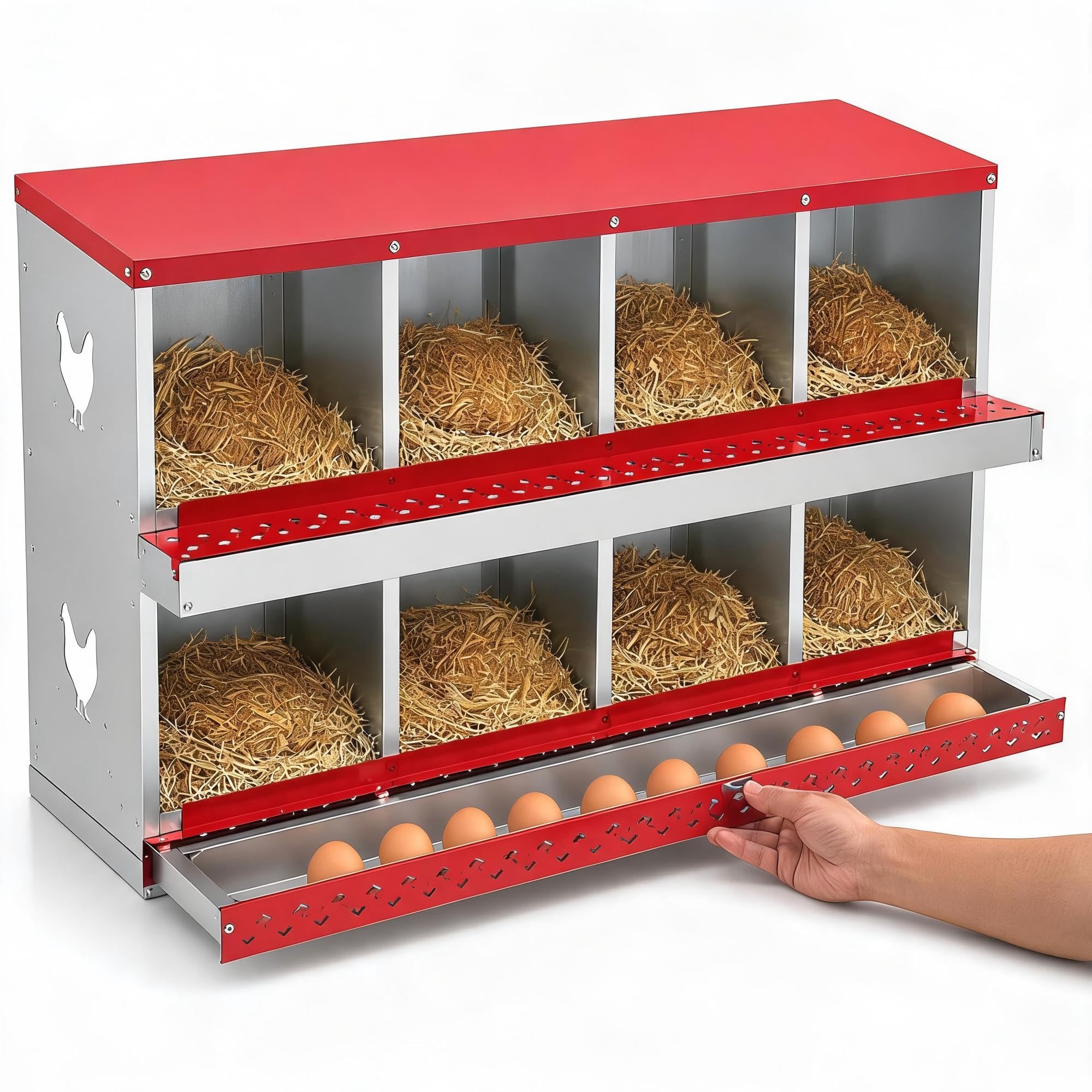 Garvee Caja Nido para Gallinas 8 Compartimentos, Nidal de Acero Galvanizado con Ventilación Lateral, Bandeja Extraíble