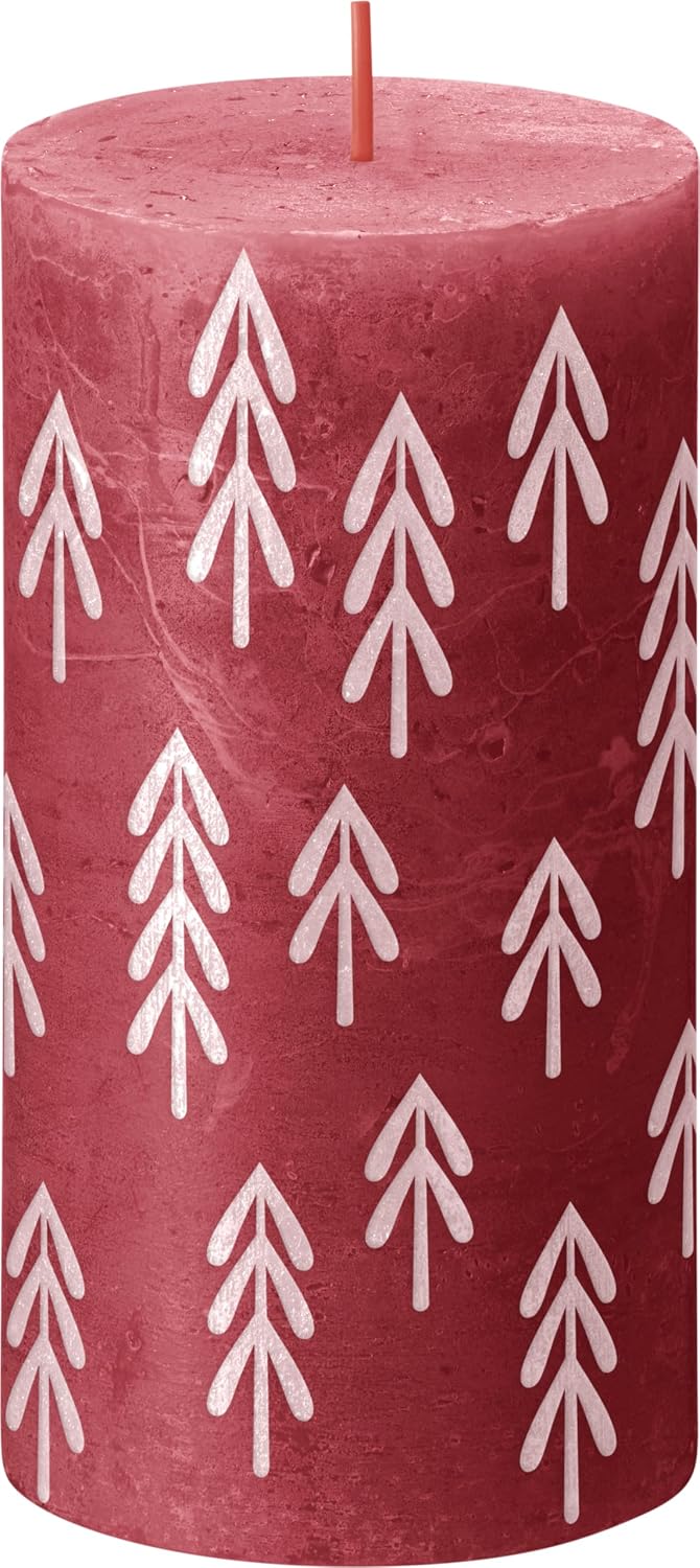 Bolsius Rustic Pillar Candles Silhouette - Red with Print - Pack of 4-13 x 7 cm - Long Burning Time - Household Candle - Includes Natural Vegan Wax - Without Palm Oil