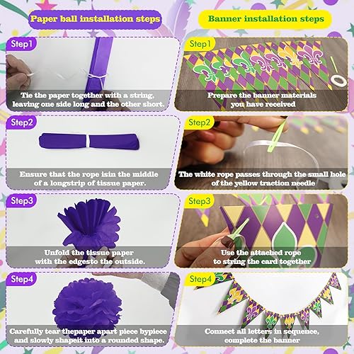 Miniatura 3 de 21 piezas de decoraciones de fiesta de Mardi Gras, pancarta de Mardi Gras, abanicos de papel para colgar, pompones de papel, guirnaldas circulares