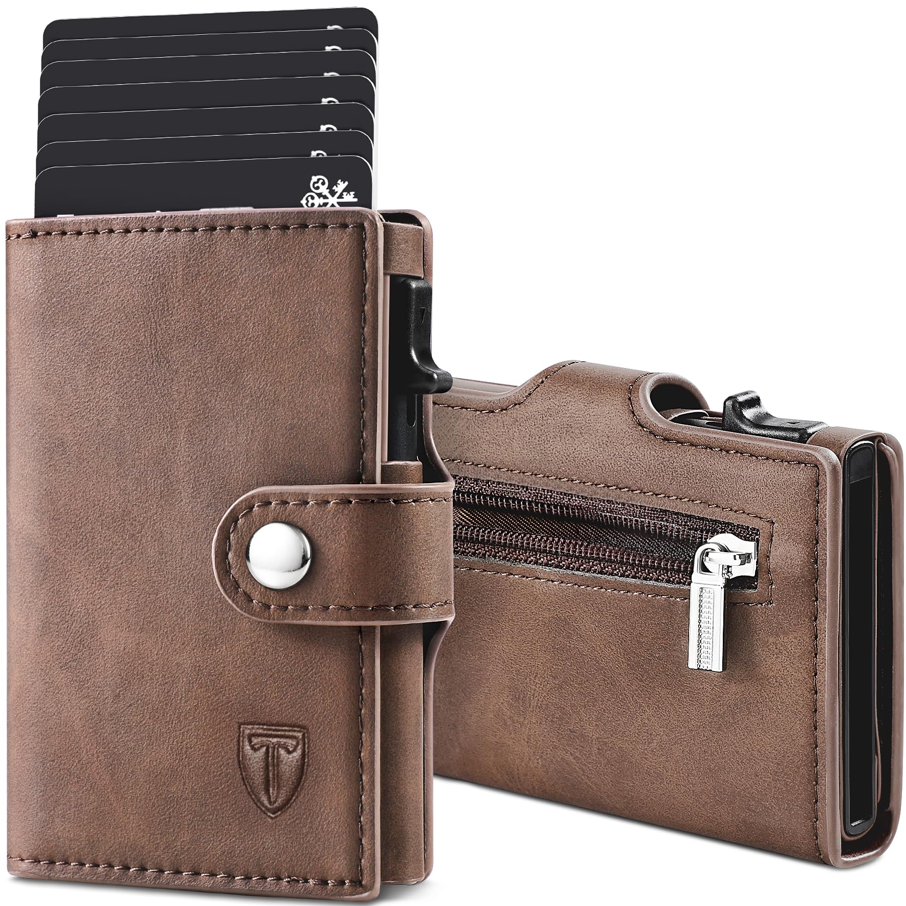 TENBST Slim Wallet mit Münzfach, Geldbörse Herren RFID Schutz, Kunstleder Portmonee Herren, Automatisches Pop-up-Kreditkartenetui, Geschenke zum Vatertag - Braun