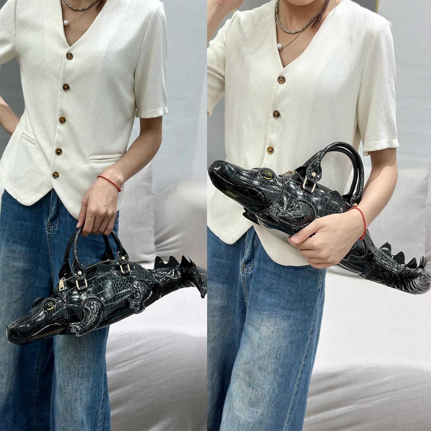 Men PU Leather Unique Novelty 3D Crocodile Shape Handbag Purse Removable Strap Crossbody Shoulder Bag for Women