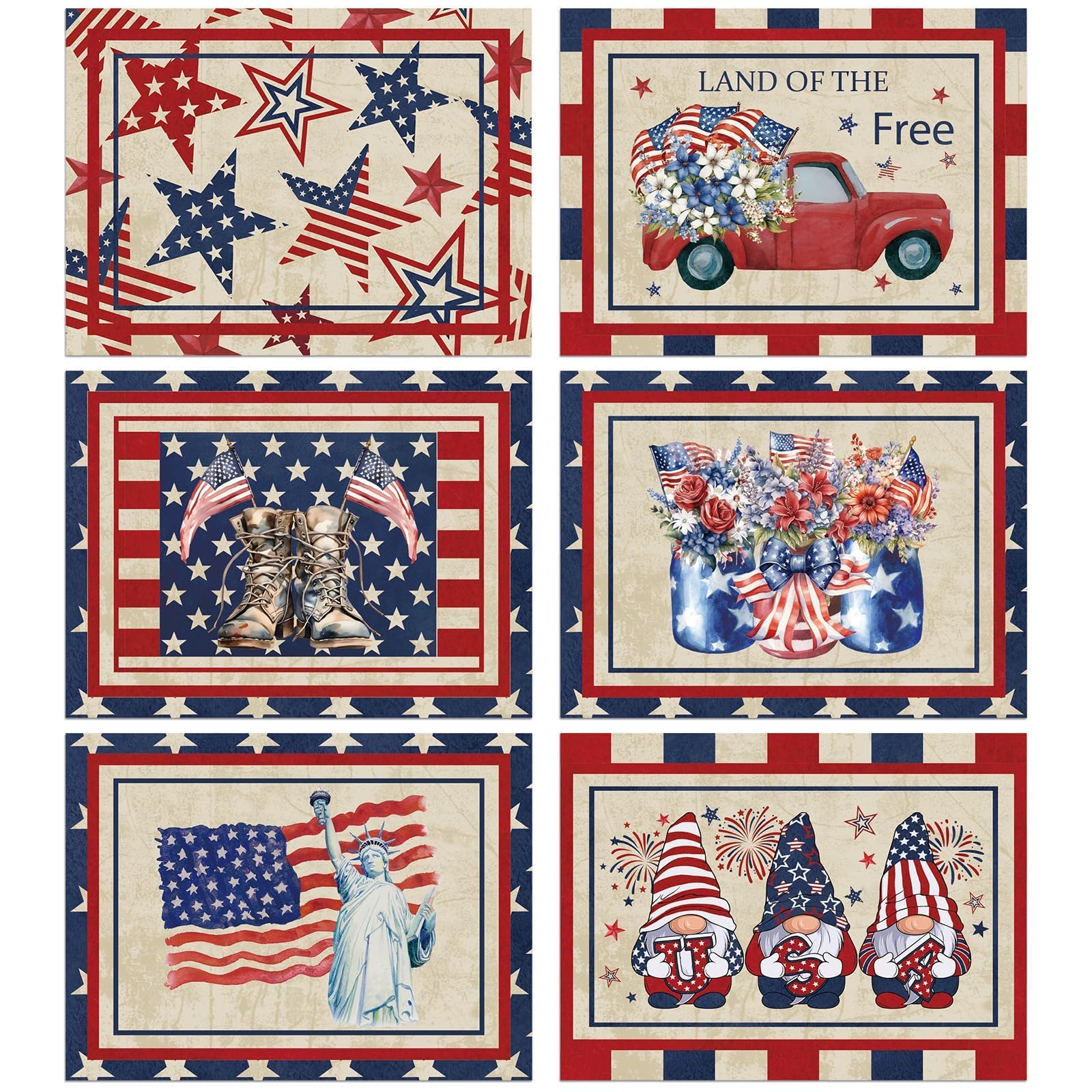 Patriotic 4th of July Placemats Set of 6 - Plastic Table Mats with Independence Day Vintage America Flag Stars Stripe Design for Indoor/Outdoor Party and Kitchen Dining Table โ image 1