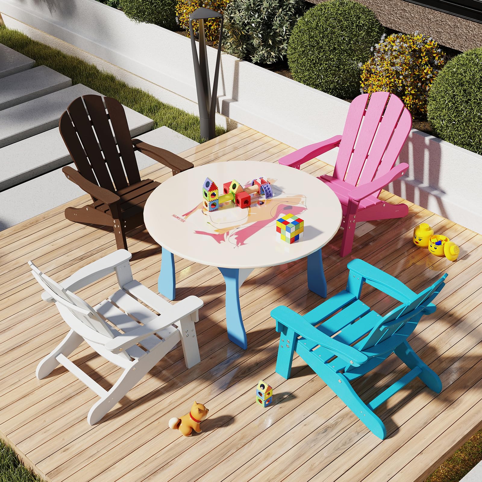 GOPLUS Chaise Adirondack Exterieur pour Enfants, Fauteuil de Jardin en HDPE Résistante aux Intempéries avec Large Siège, Dossier & Accoudoirs, Angle à 105°, Enfant pour 3-8 Ans,Charge 75KG (Marron)