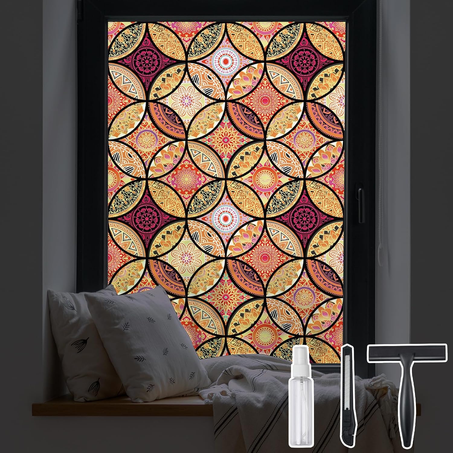 DKTIE Stained Glass Window Film with Installation Tools - Bohemian Style, Privacy Protection, Softening Light, Home Decorative Window Film, 35.4 x 78.7 Inch