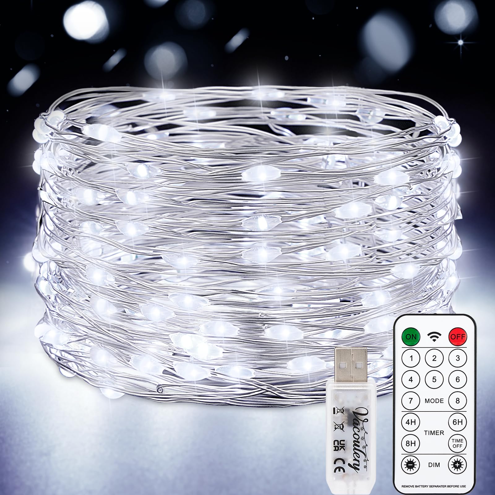 Vacoulery Cool White Usb Fairy Lights, 100 Led 8 Lighting Modes Twinkle Fairy String Lights Waterproof With Remote Timer Usb String Lights For Indoor Outdoor Garden Party Wedding Christmas Decoration