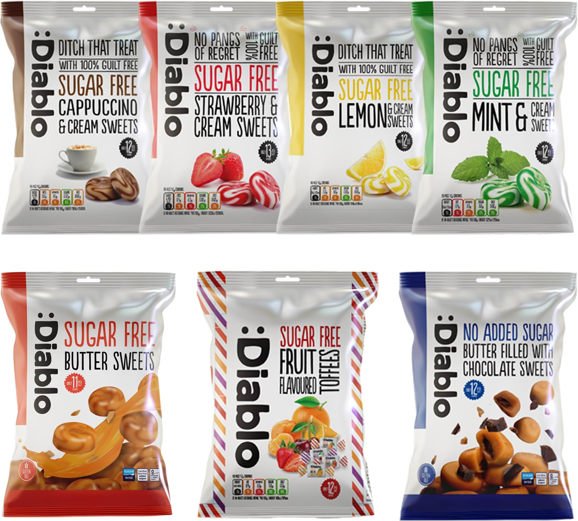 Diablo Sugar-Free Candy Variety Pack - Healthy Sweets Sweetened with Maltitol, Sugar-Free Treats for All Occasions, Ideal for Gift Boxes, Mother’s Day & Father’s Day – 75g Each, 7 Packs