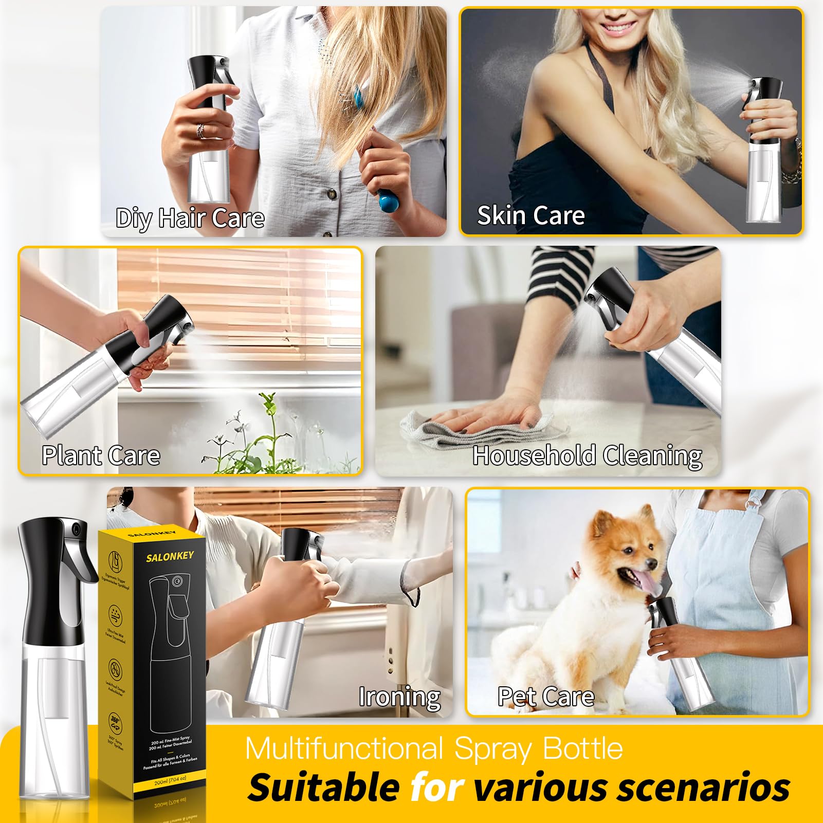 Spruzzino per Capelli 200 ml Spruzzino Nebulizzatore a Nebbia Continua Ultra Fine, Riutilizzabile con Design a Prova di Perdite Antigoccia, Animali Domestici e Pulizia per capelli (Buio pesto)