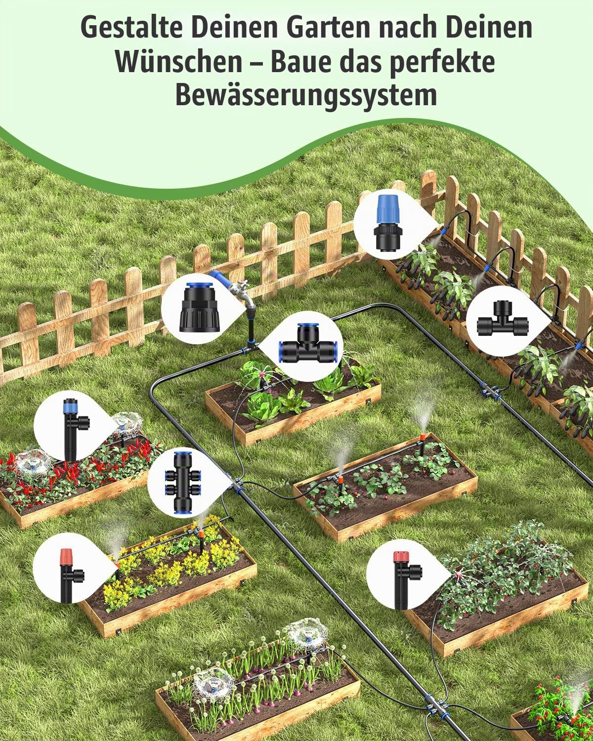 Pawfly 70 m Steckverbinder-Tropfbewässerungsset, Gartenbewässerungssystem mit 13-16 mm (10 m) & 4-6 mm (60 m) Schlauch und Zubehör, für Gewächshaus & Rasen