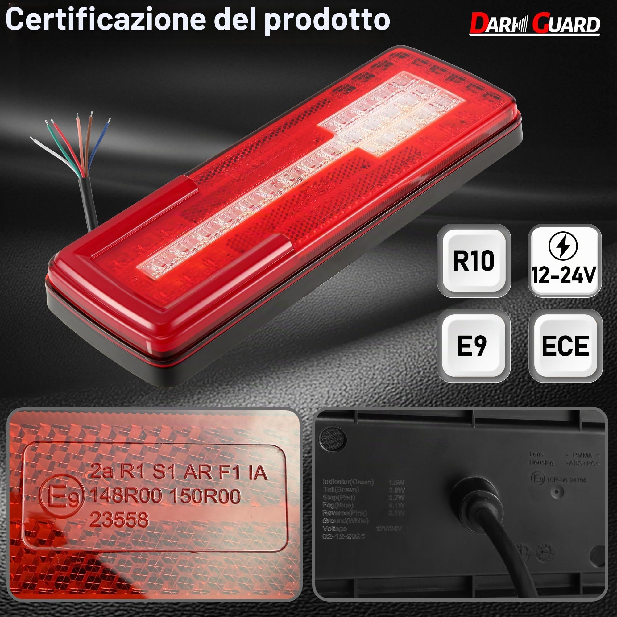 2 x Luci Posteriore a LED Lampada Fanali Posteriore LED 12V/24V Omologata E9 Impermeabile IP67 per Rimorchio Camion Furgone Trattore, 6-in-1 con Luci di Posizione Fendinebbia e Retromarcia