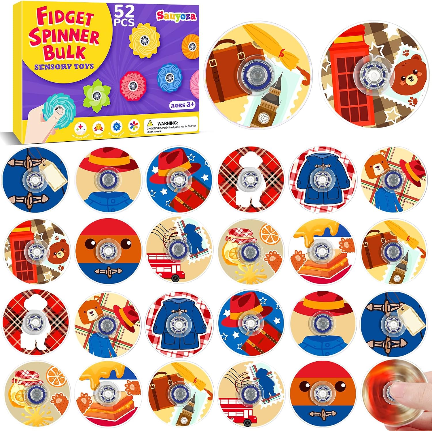 52 Pack British Travel Bear Party Favors Fidget Spinner for Kids Birthday, Brown Coat Teddy Bear Fidget Spinner Bulk for Classroom Rewards, Goodie Bag Stuffers, Travel Teddy Party Supplies