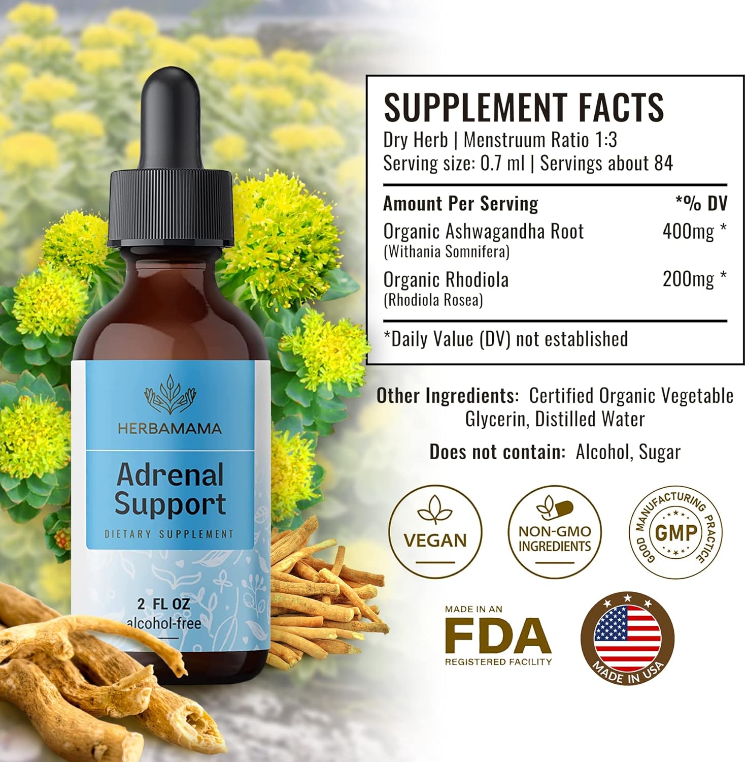 HERBAMAMA Adrenal Support Liquid Extract - Adrenal Health, Stress Relief, Cortisol Manager, Sleep & Mood Enhancer Drops - Adrenal Fatigue Supplements W/Organic Ashwagandha & Rhodiola Rosea - 2 Fl. Oz : Health & Household