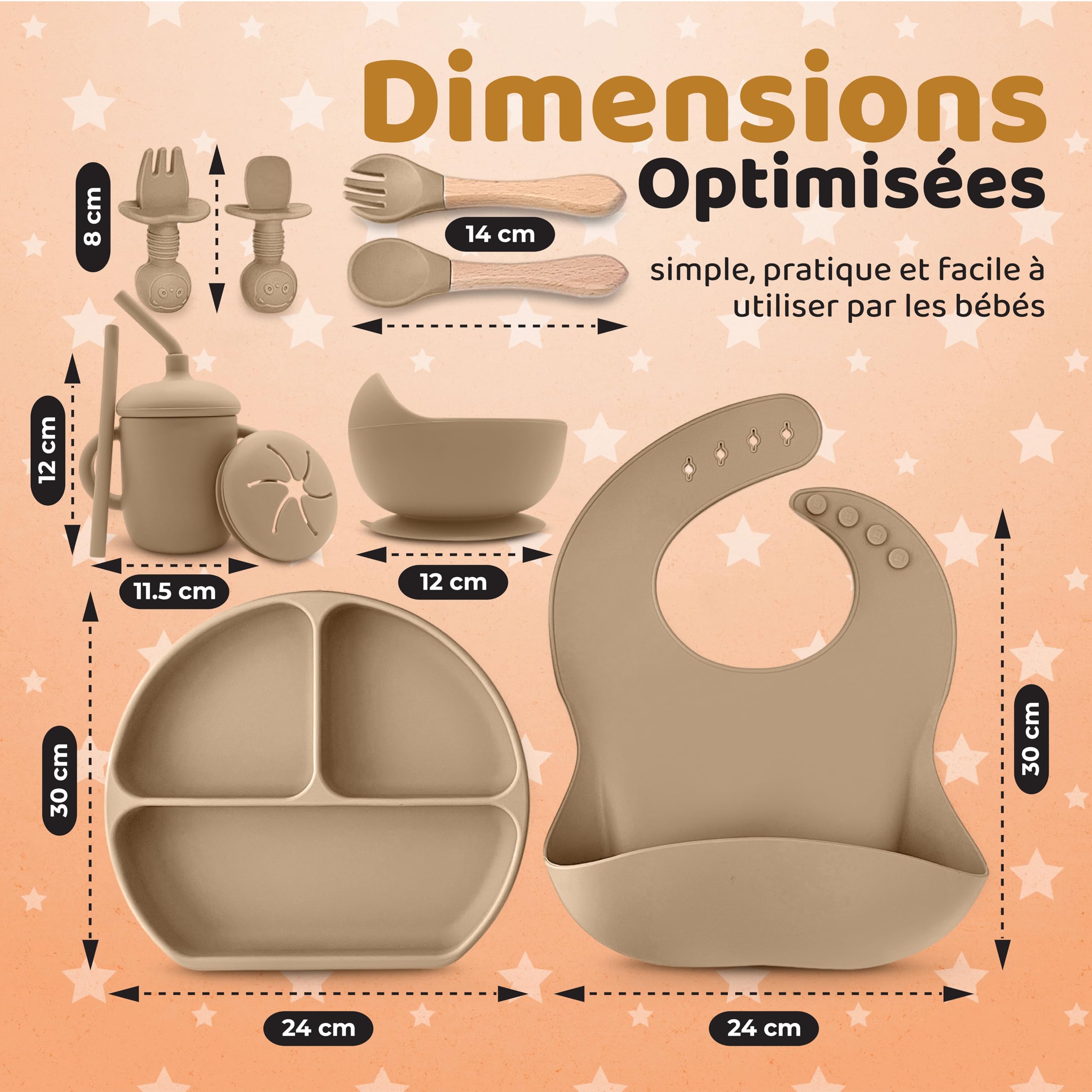 Coffret Repas Bébé Silicone Set Vaisselle 1er Âge Assiette Ventouse Cuillère Bavoir Tasse Sans BPA DME Bébé Beige