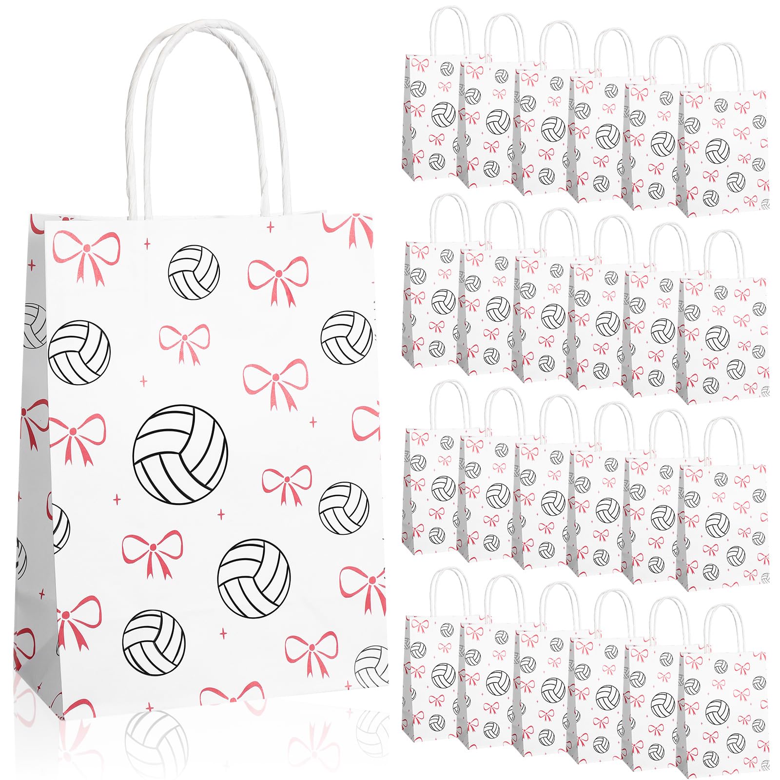 Spiareal 24 Pcs Volleyball Paper Gift Bags with Handles, Volleyball Party Favors Snack Goodies Pink Bow Bags for Team Sport Birthday Themed Party for Decorations, Game Celebration