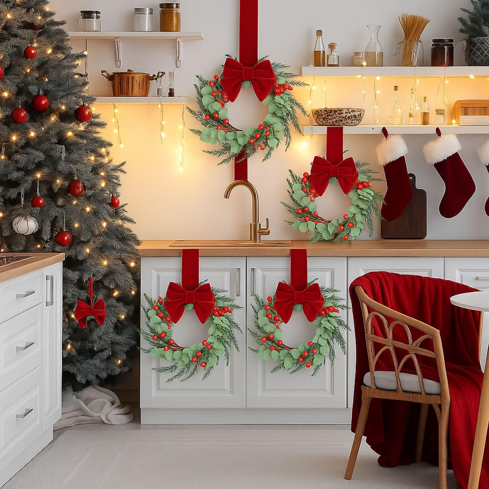 Lot de 8 anneaux de bougie de Noël artificiels baies rouges avec aiguilles de pin enneigées pour piliers rustiques pour décoration de table de mariage pour porte d'entrée
