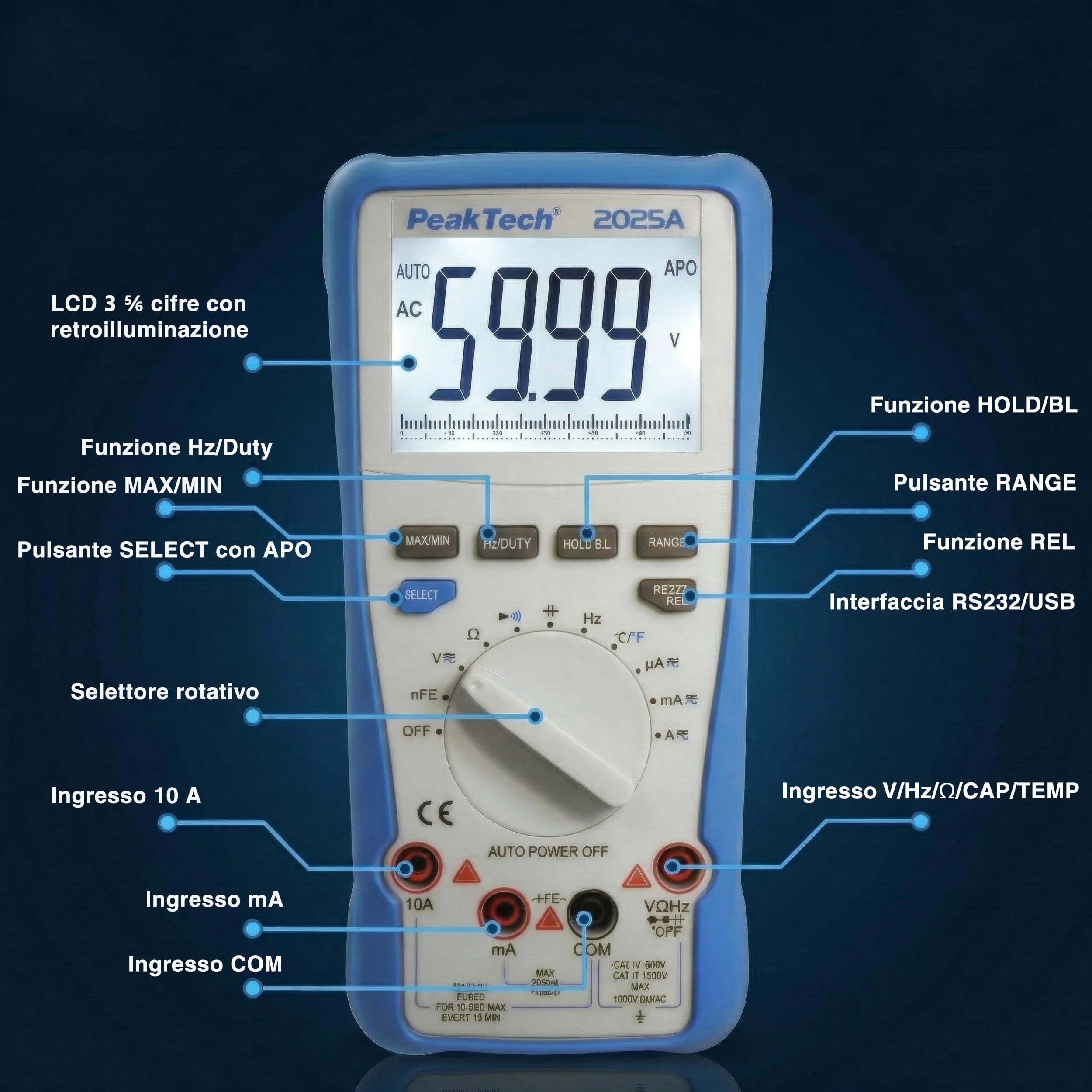 PeakTech® P 2025 A Multimetro digitale a vero valore efficace ~ 6.000 conteggi ~ 1000V AC/DC ~ 10A AC/DC ~ Auto-Range