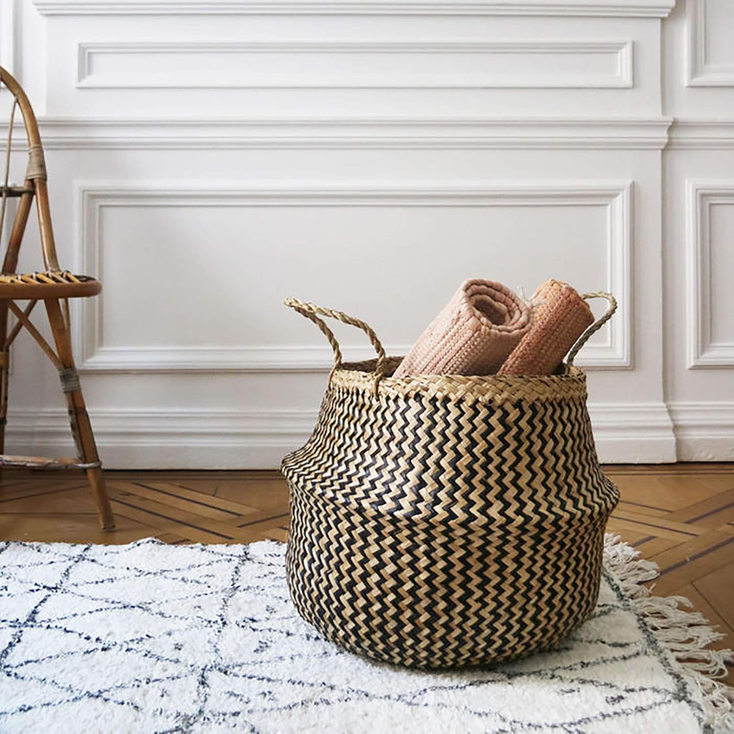 Compactor Belly Basket M - Handwoven Seagrass Storage Basket, White, Round Shape, 27X27X26 cm