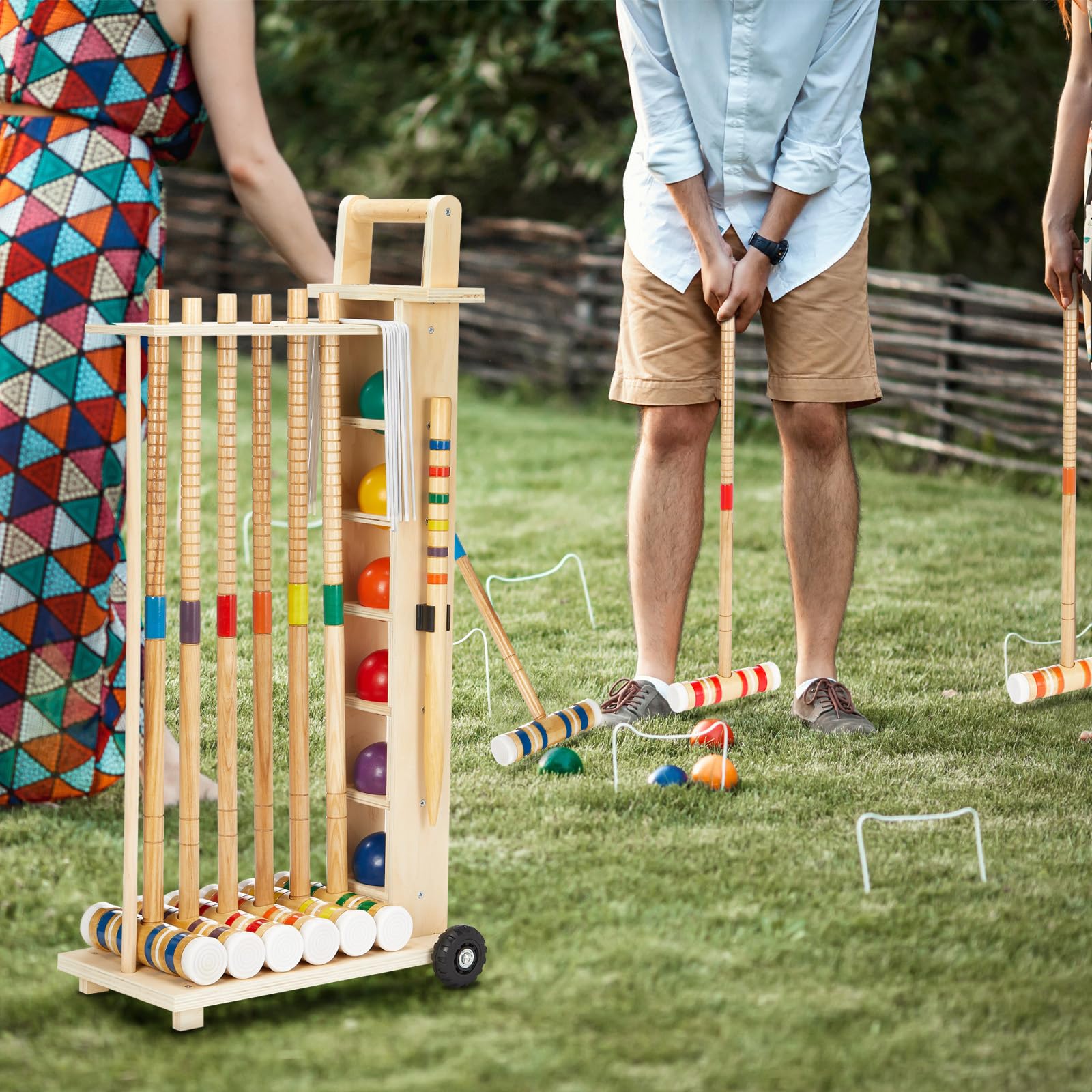 Hiboom Krocket-Set für 6 Spieler, 71,1 cm, für Erwachsene, mit Holzständer, Holz