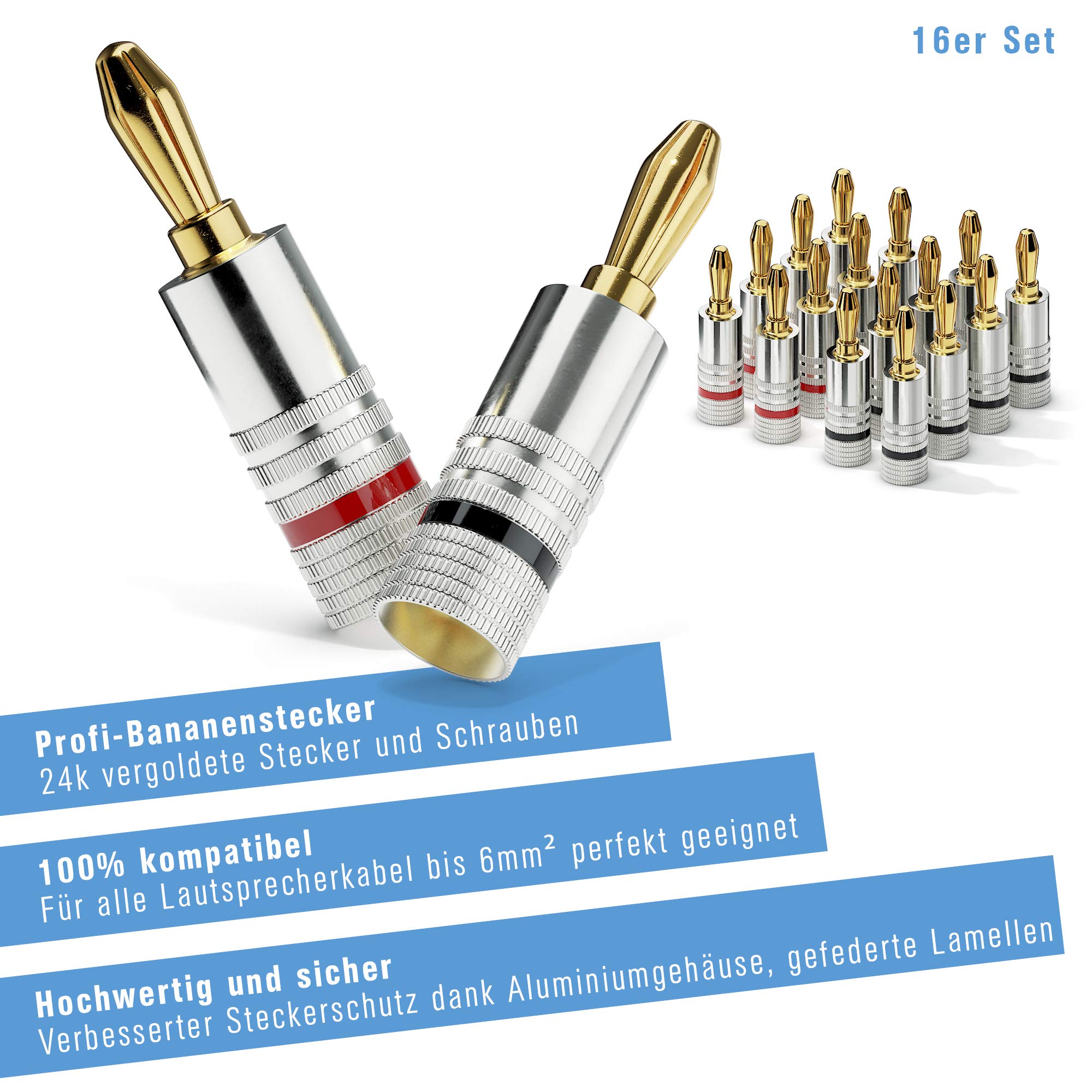 sonero S-SC000-16 wtyczka bananowa, zestaw 16 sztuk, do wszystkich kabli głośnikowych o średnicy maks. 6 mm², 4 sztuki z kodem kolorowym (8 x czerwony, 8 x czarny), pozłacany 24-karatowym złotem,