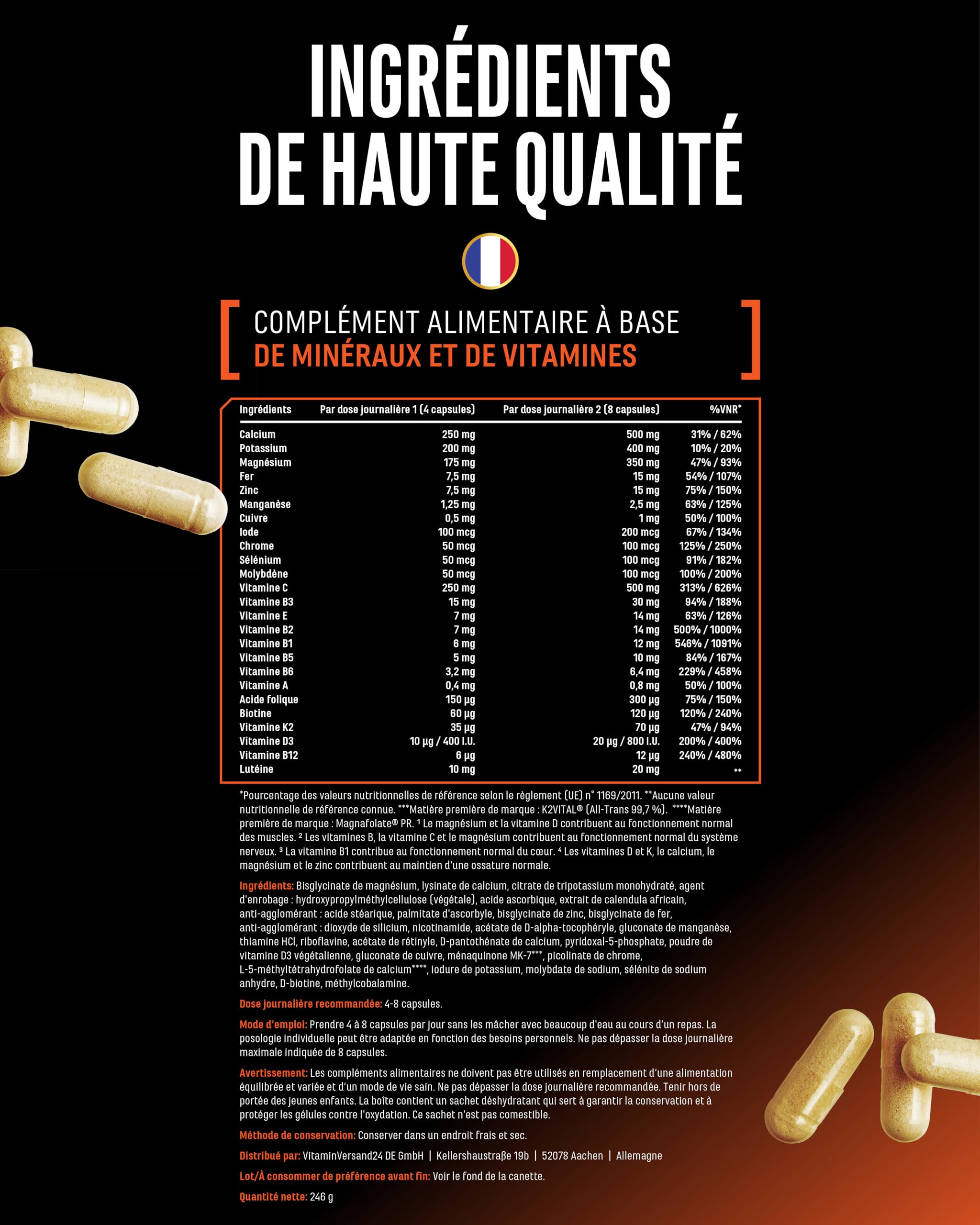 Complexe Minéraux & Vitamines ALL IN ONE - 25 Vitamines, Minéraux et Oligo-éléments Bioactifs - Avec Magnafolat® PRO, K2VITAL® MK-7 et Méthylcobalamine - Hautement Dosé - Vegan - 240 Gélules