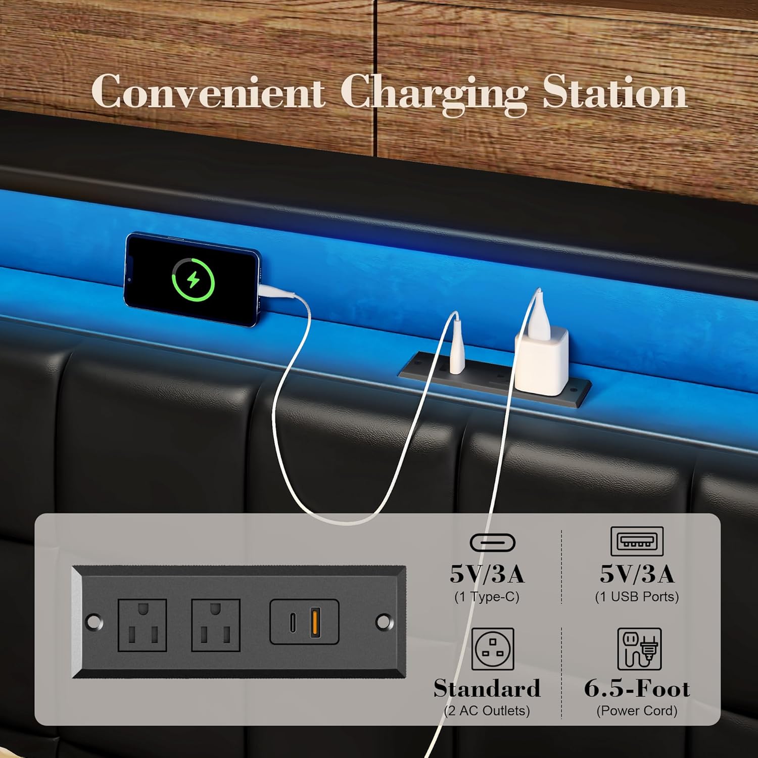 Queen Bed Frame, Leather Upholstered Headboard with LED Lights and Charging Station, Heavy Duty Wood Slats No Box Spring Needed - Easy Assembly and Noise Free - Image 4