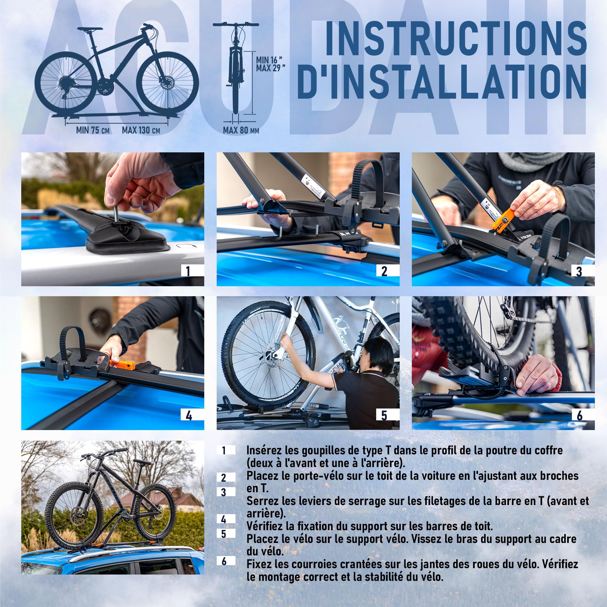 AGURI ACUDA III | Porte-vélos, Porte-vélos de Toit, Support-vélos Universel pour Le Toit de la Voiture, verrouillable | Capacité de Charge jusqu'à 20 kg | Structure en Aluminium résistante | TÜV