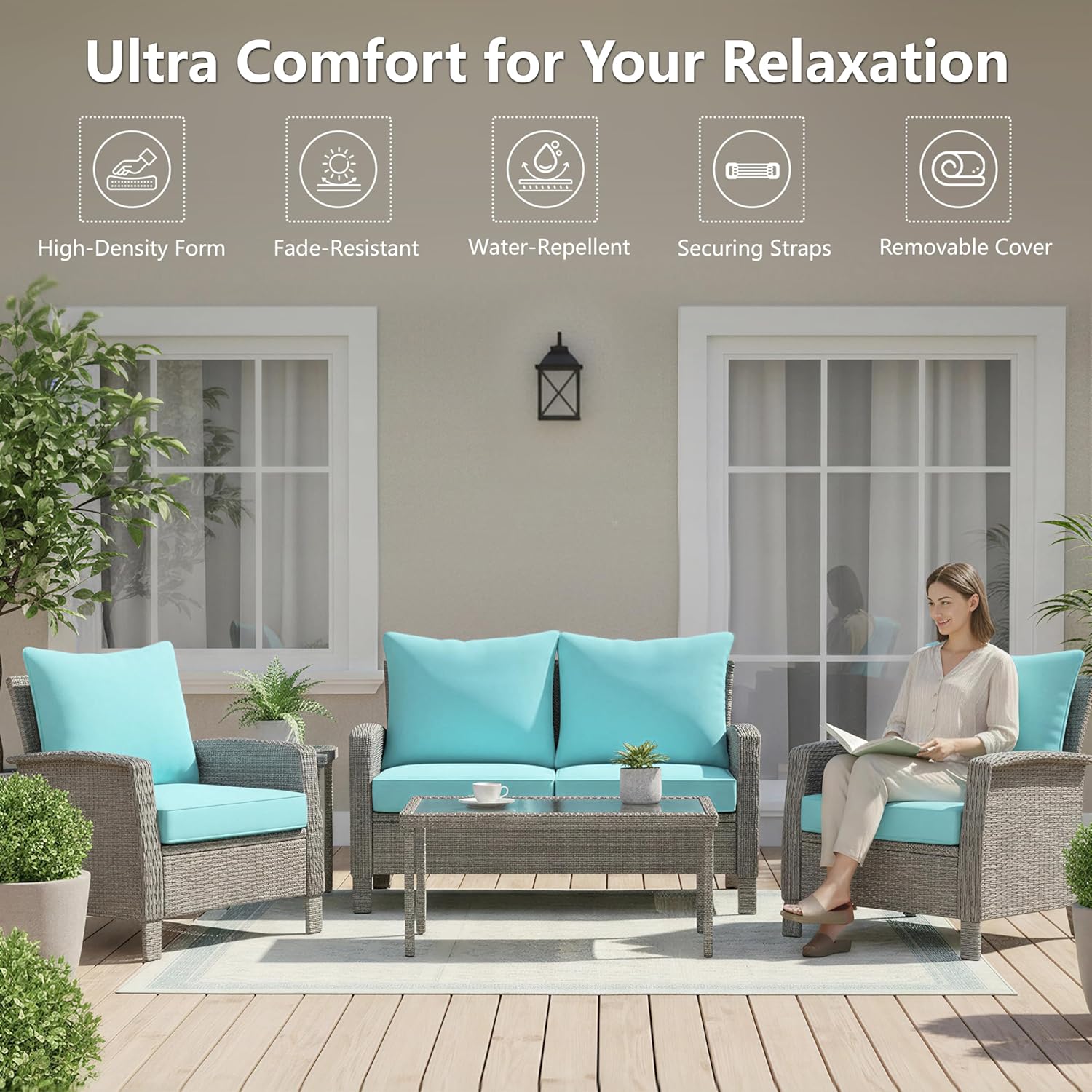 22x20 22x22 similar to outdoor chair cushions set of 4, patio furniture cushions - removable cover, water-repellent, fade-resistant, non-slip bottom & straps, replacement for deep seat sofa & couch - light blue light blue 4 pack