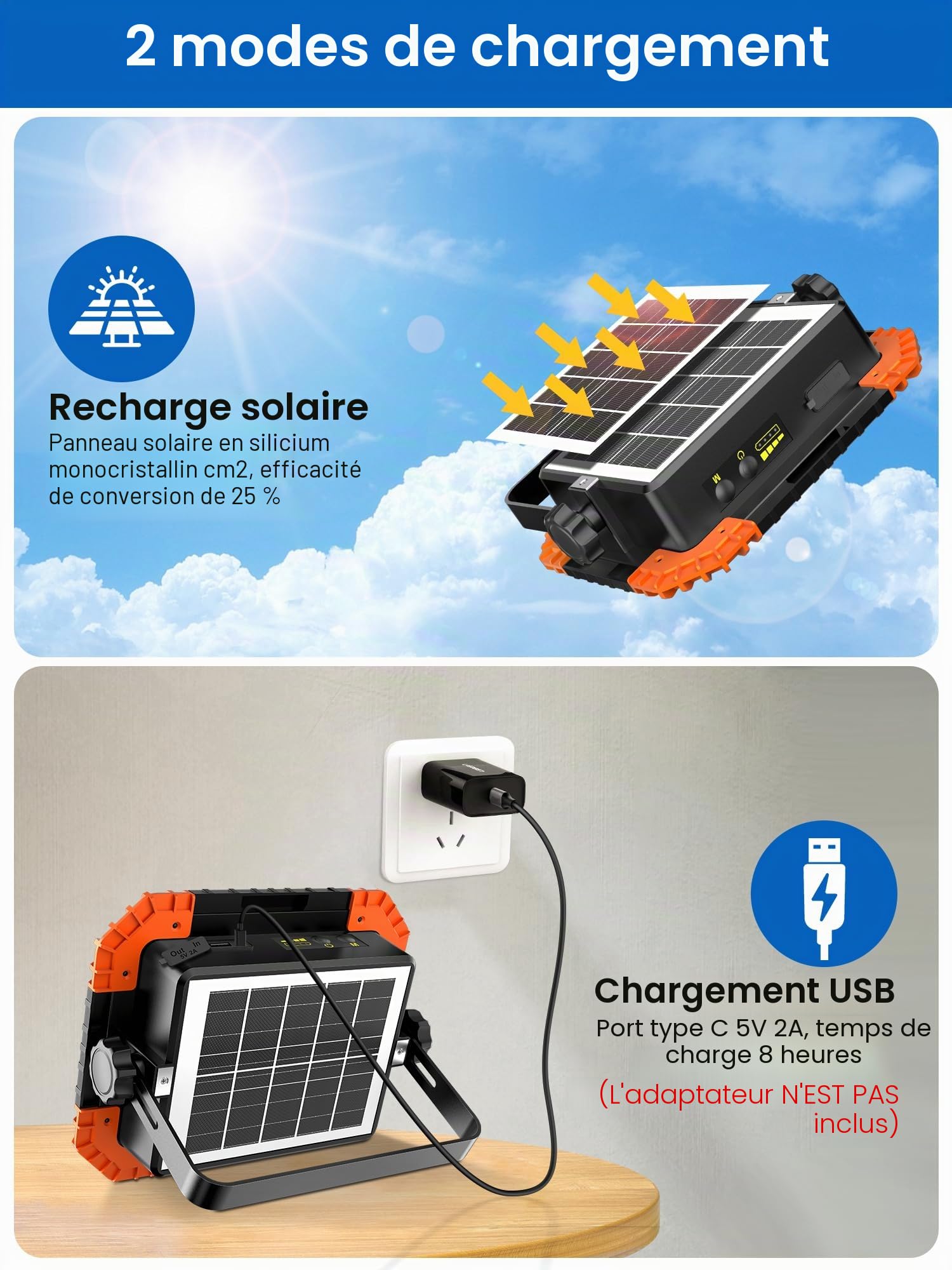 Linke Lampe de Travail Rechargeable Solaire/USB-C Batterie 20000mAh Power Bank 2 Luminosité 3 Températures de Lumière Mode SOS IP66 Projecteur LED Chantier Portable pour Camping, Atelier, Urgence