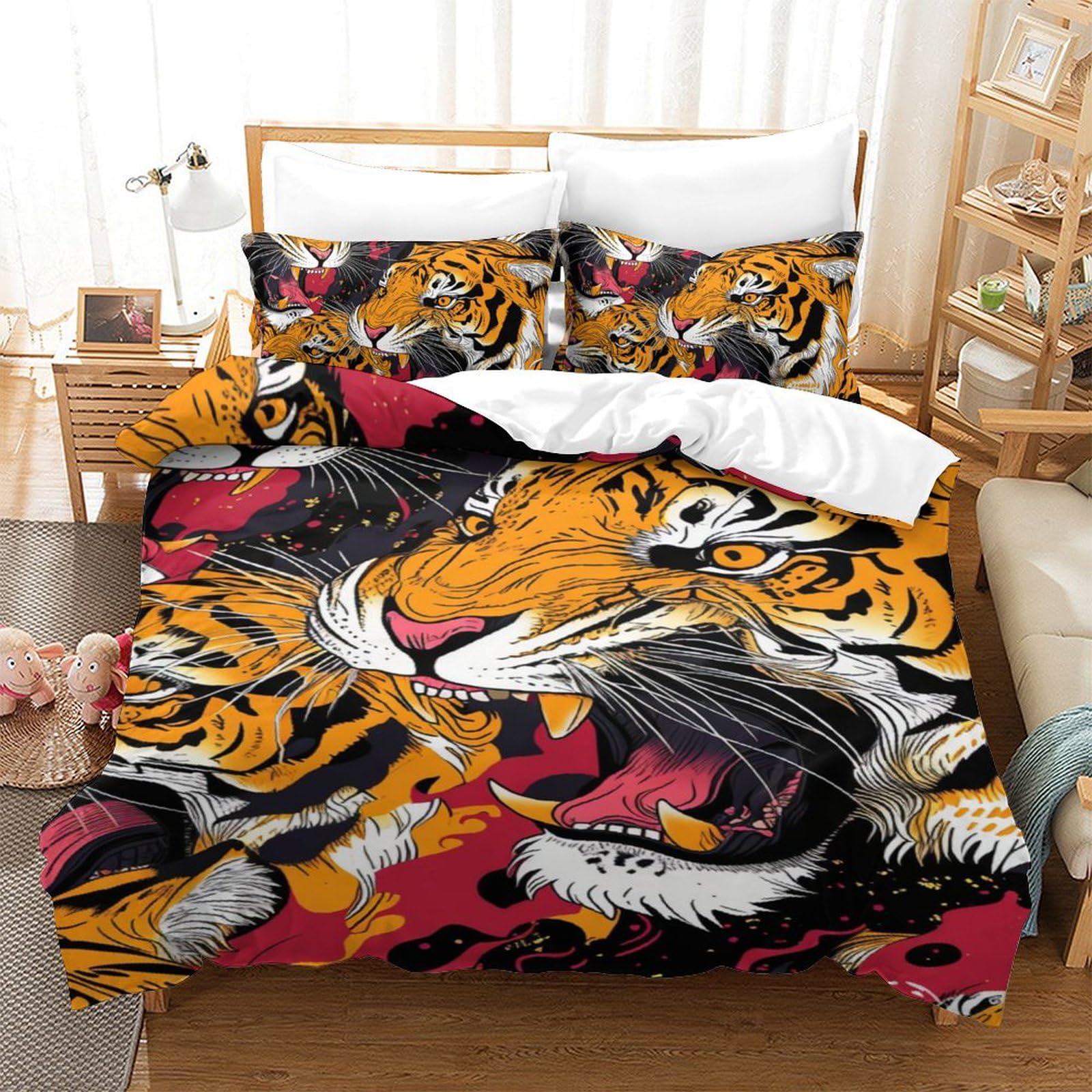 Housse de couette tigre 3D microfibre respirante et douce pour lit 1 place
